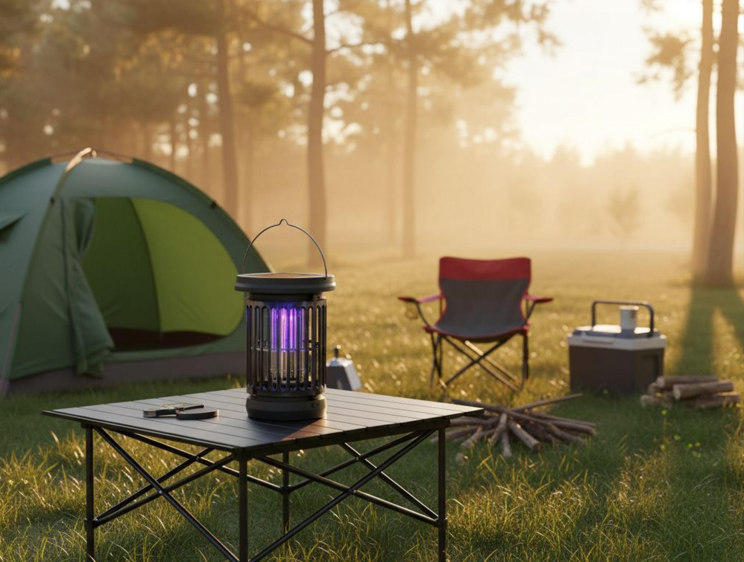 Campamento con tienda, lámpara, silla y nevera a la luz del sol.