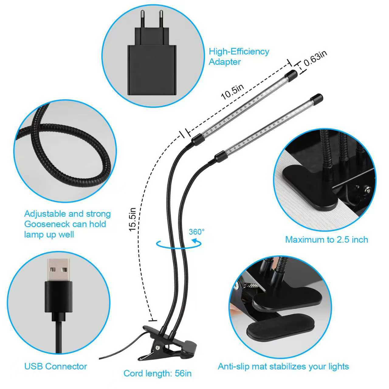 Zwei-Arm-LED-Schreibtischlampe mit verstellbaren Schwanenhälsen, USB-Anschluss und Clip-Basis.