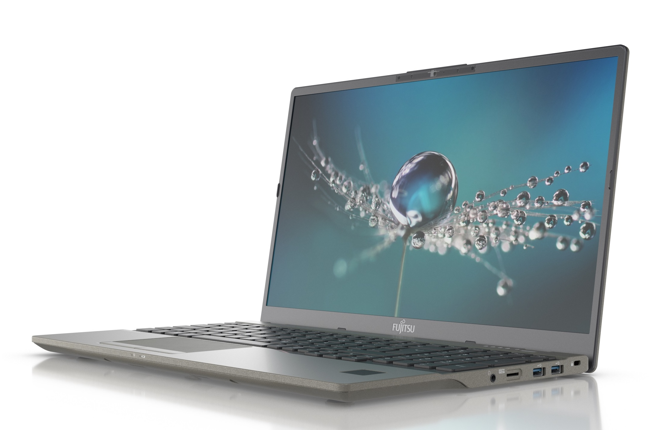 Grauer Fujitsu Laptop mit Wassertropfen-Hintergrundbild.