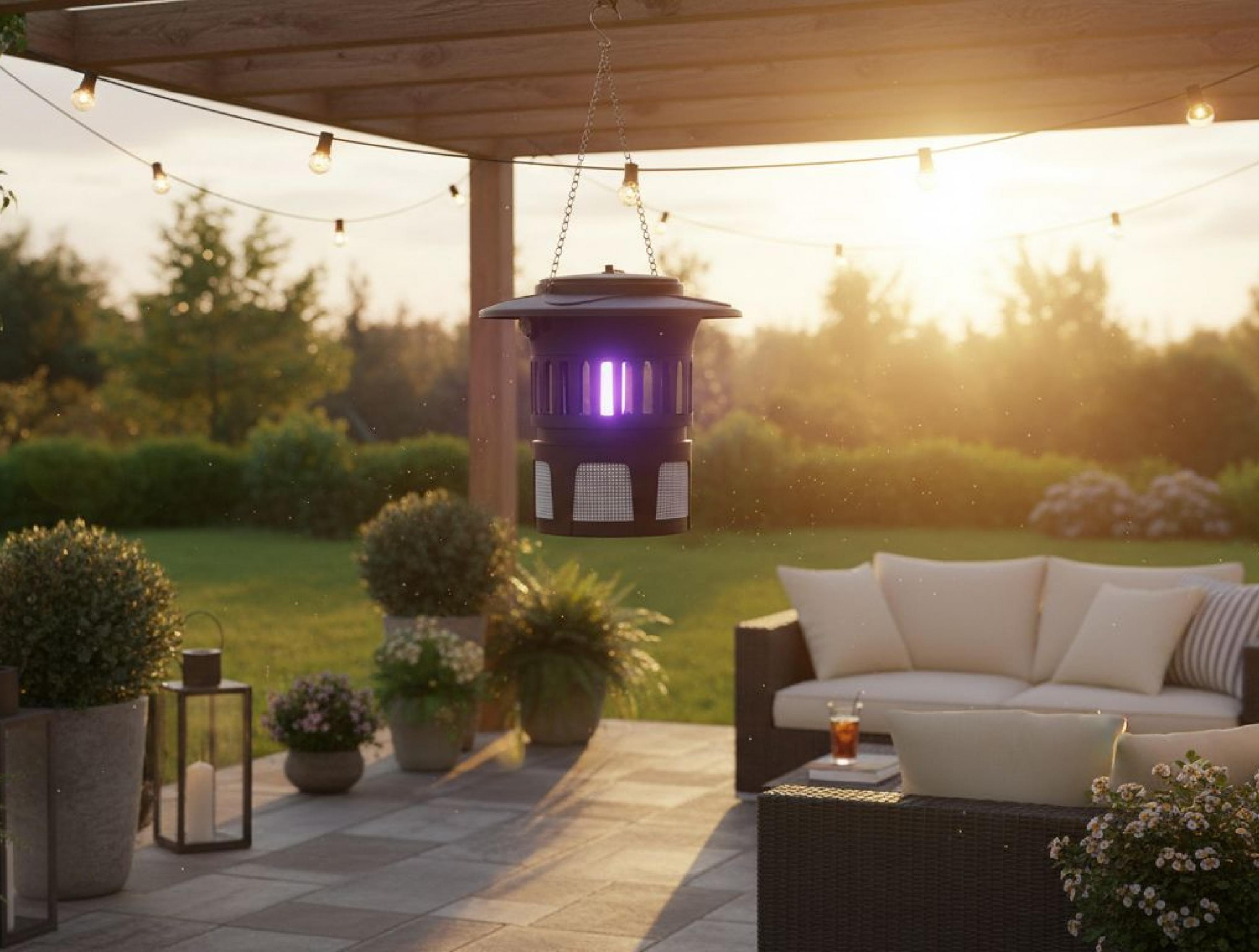 Un insecticida cuelga bajo una pérgola con luces de cadena.
