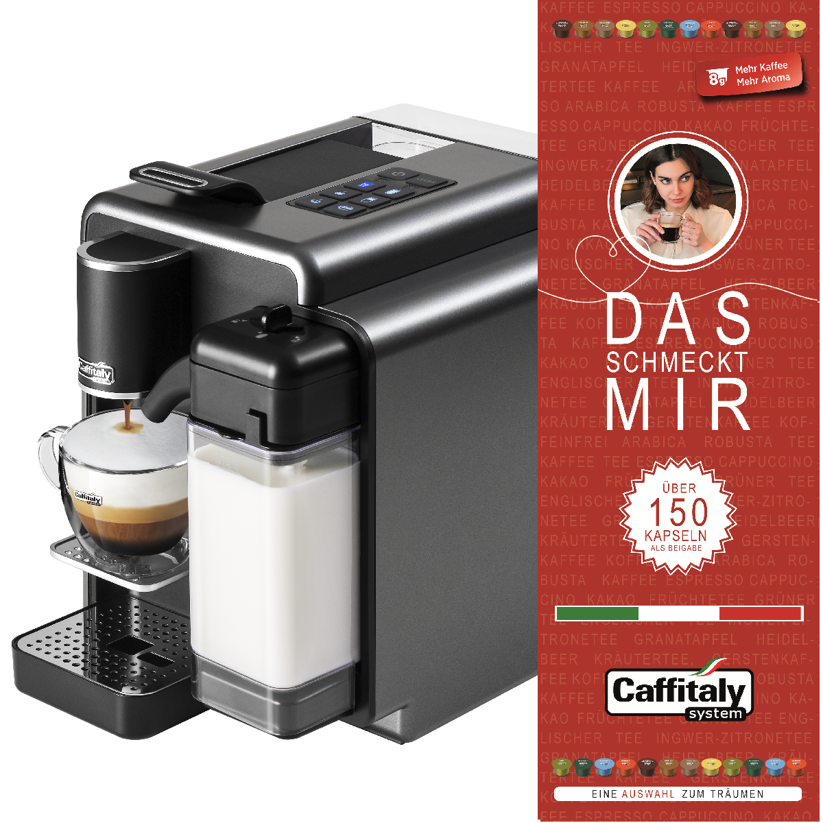 Eine Caffitaly Kaffeemaschine brüht einen Cappuccino in eine Glastasse, daneben ein Milchbehälter.