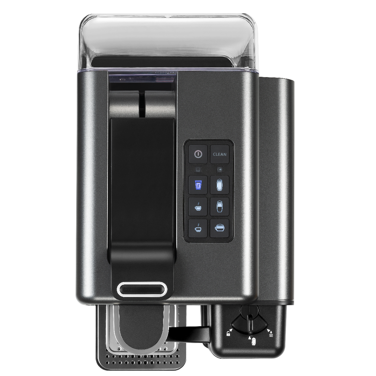Eine graue Kaffeemaschine mit klarem Wassertank und digitalen Bedienelementen, auf weißem Grund.