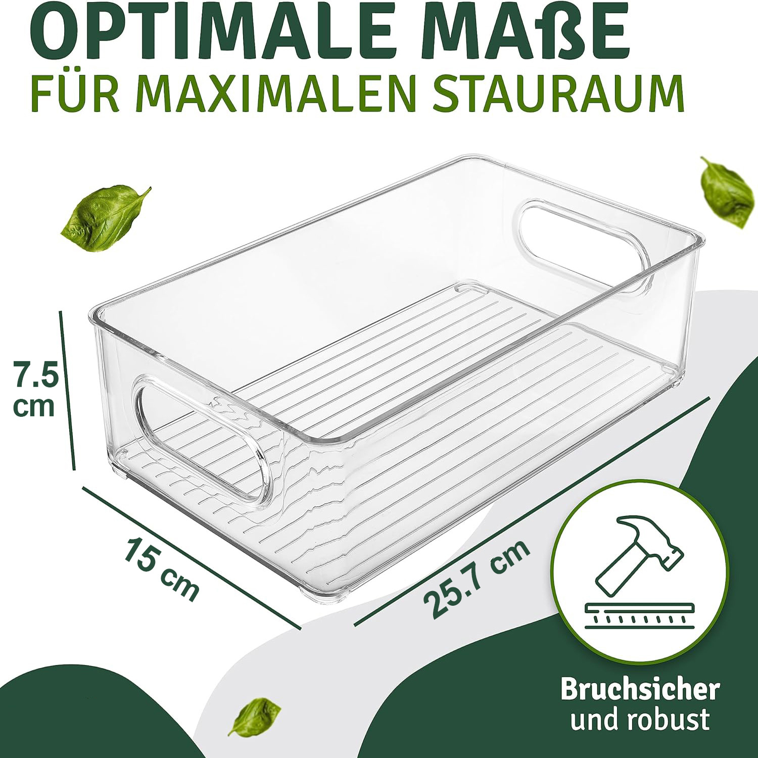 Ein transparenter Aufbewahrungsbehälter mit Griffen, Maße 25,7x15x7,5cm.