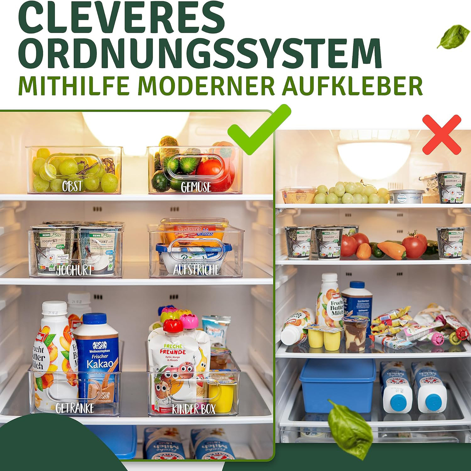 Ein Kühlschrank mit organisierter Aufbewahrung von Lebensmitteln in durchsichtigen Behältern.