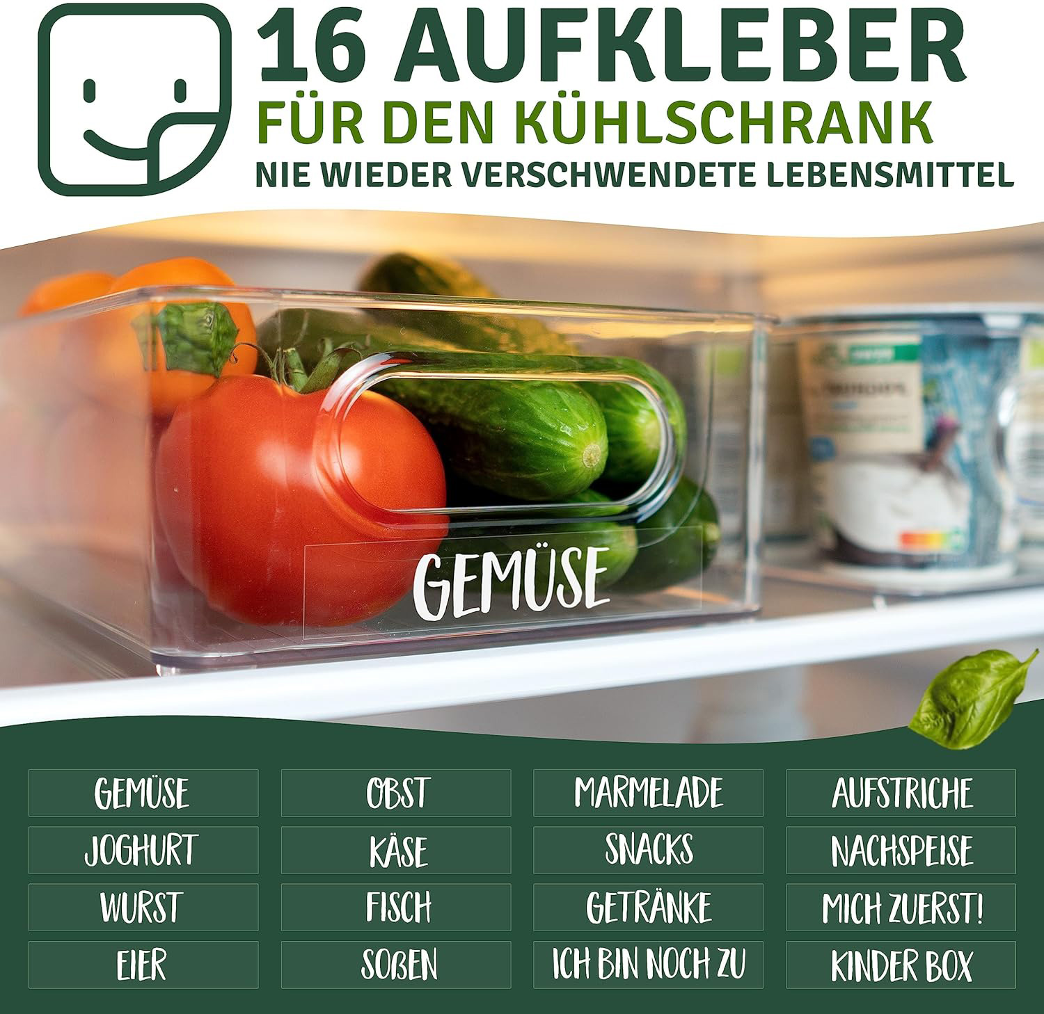 Aufkleber für den Kühlschrank mit Gemüse in einer Box und Beschriftungsoptionen.