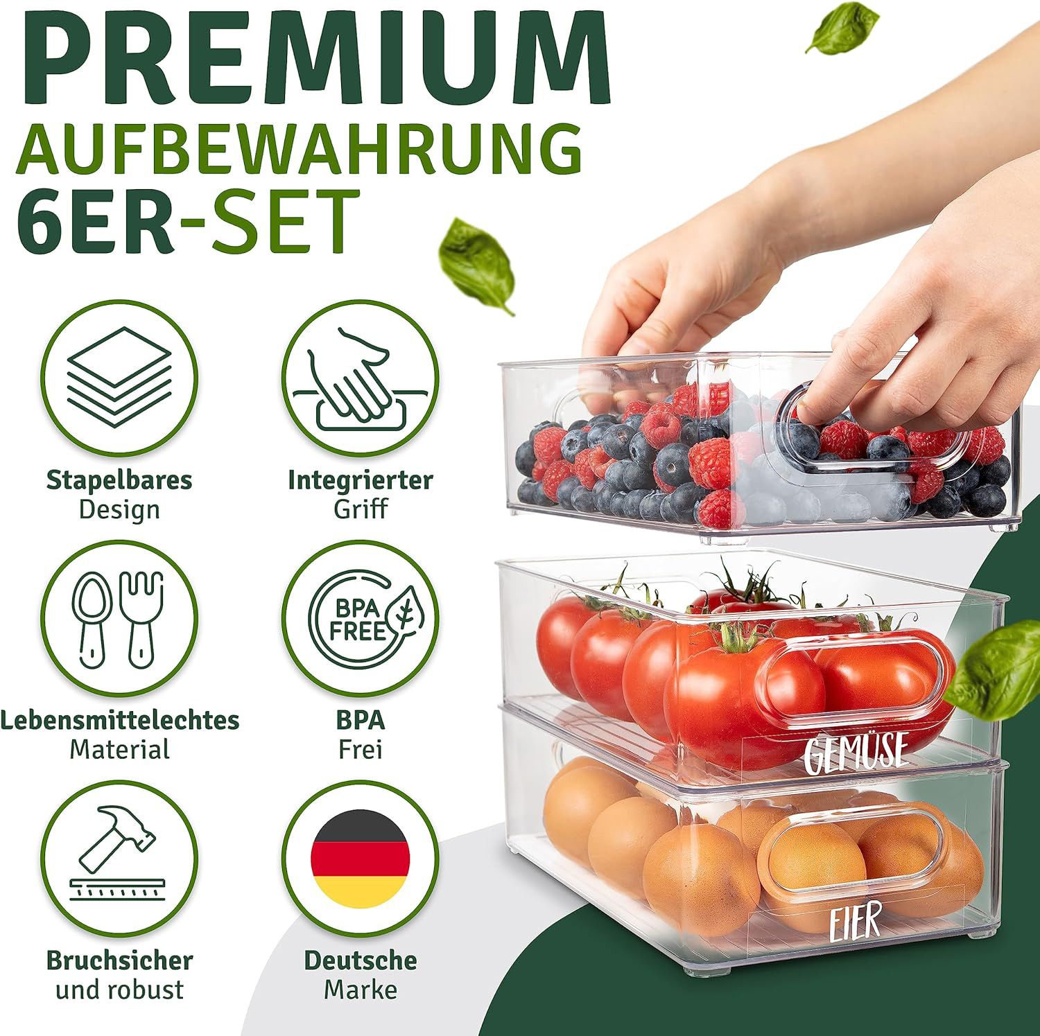 Klare Aufbewahrungsbehälter mit Beeren, Tomaten und Eiern, mit Merkmalen.
