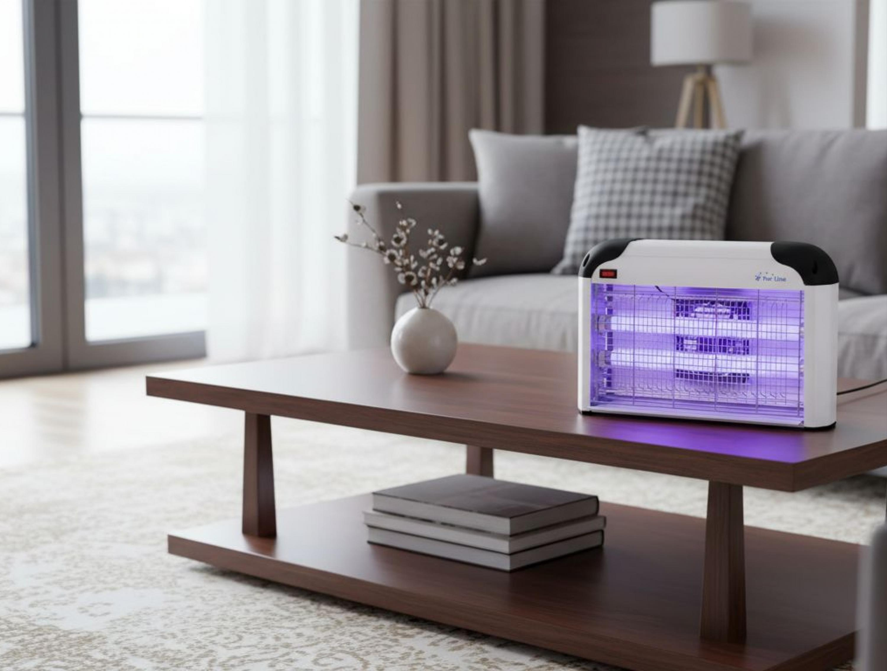 Un insecticida blanco con luz UV morada está sobre una mesa de café de madera.