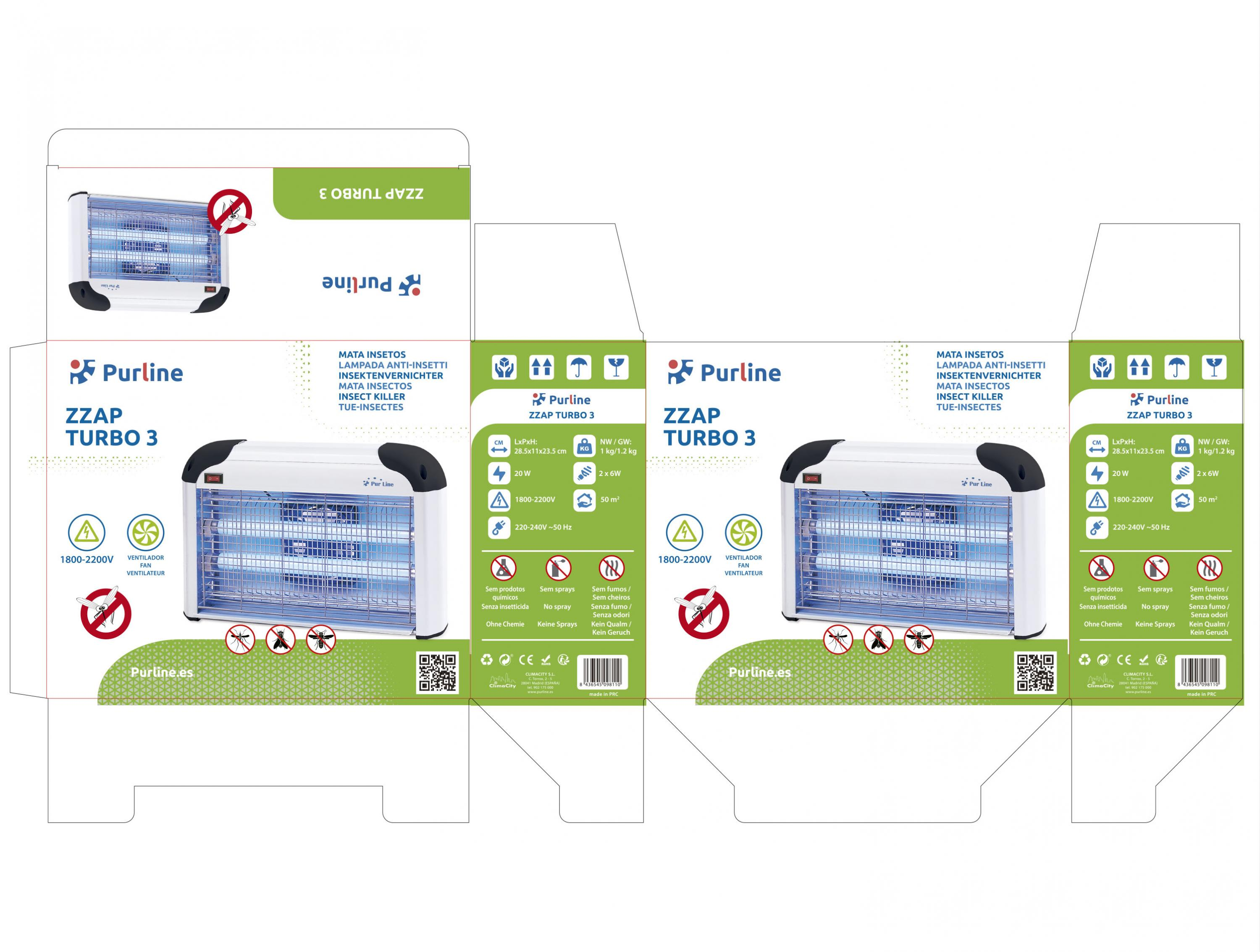 Lámpara insecticida blanca con tubos azules, Purline ZZAP TURBO 3, 20W.
