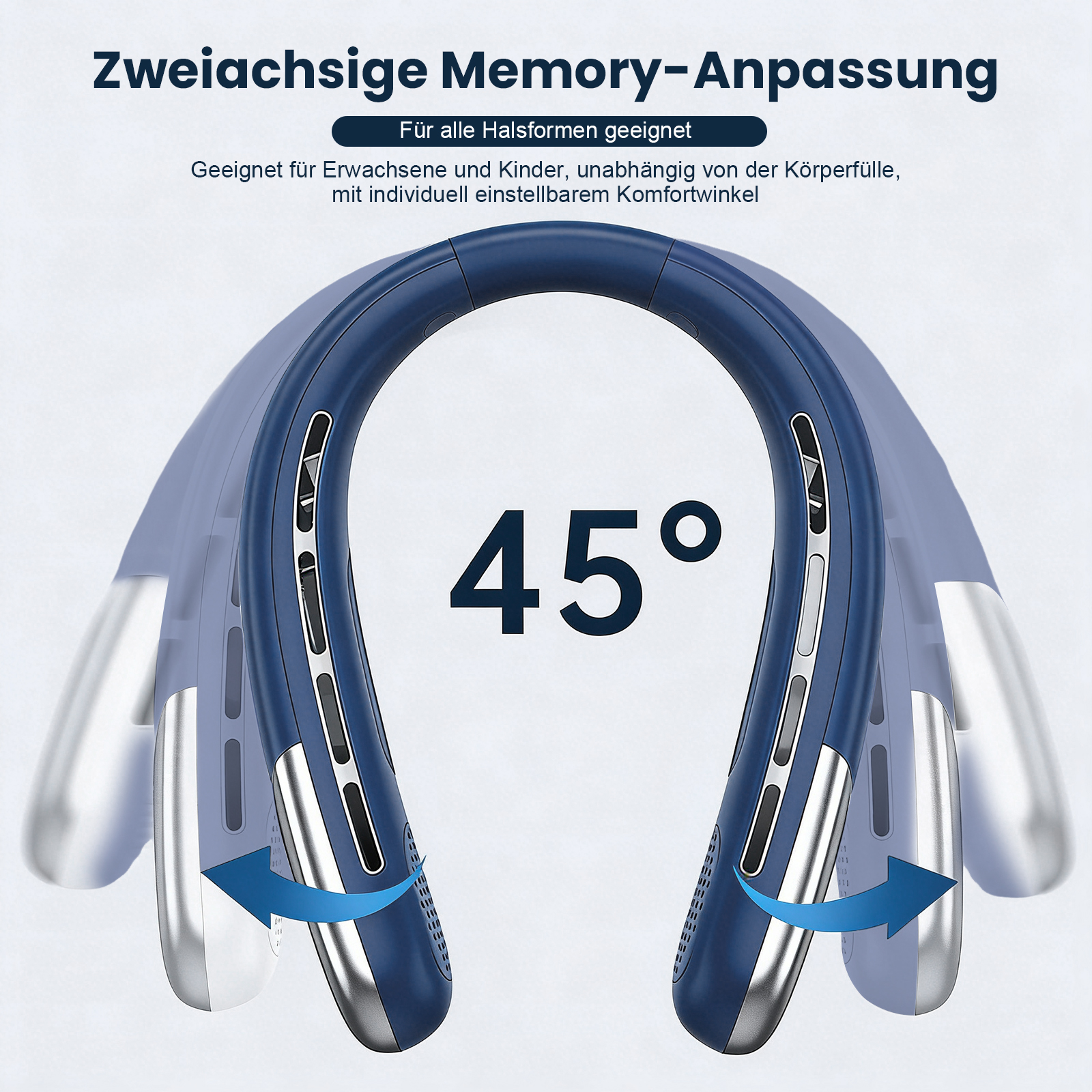 Ein blaues Nackenkissen mit silbernen Akzenten, das sich um 45° verstellen lässt.