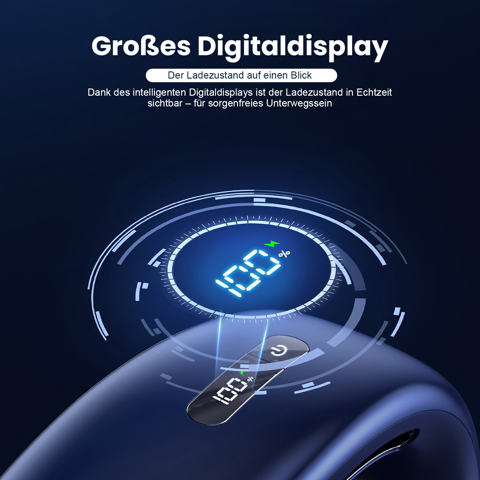 Ein blaues Gerät mit einem digitalen Display, das 100% anzeigt.