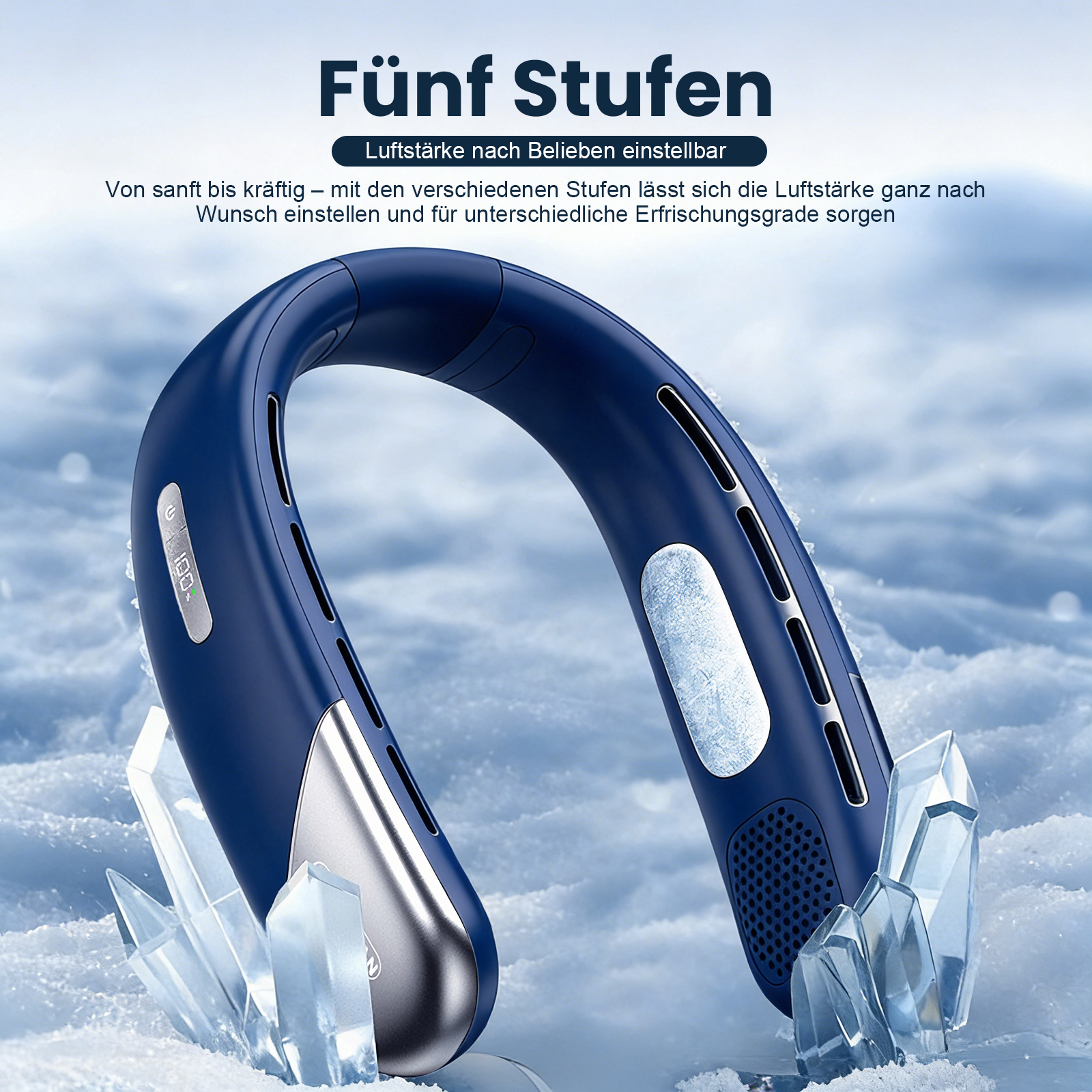 Ein blauer Nackenventilator steht auf Eis, mit deutscher Werbung.