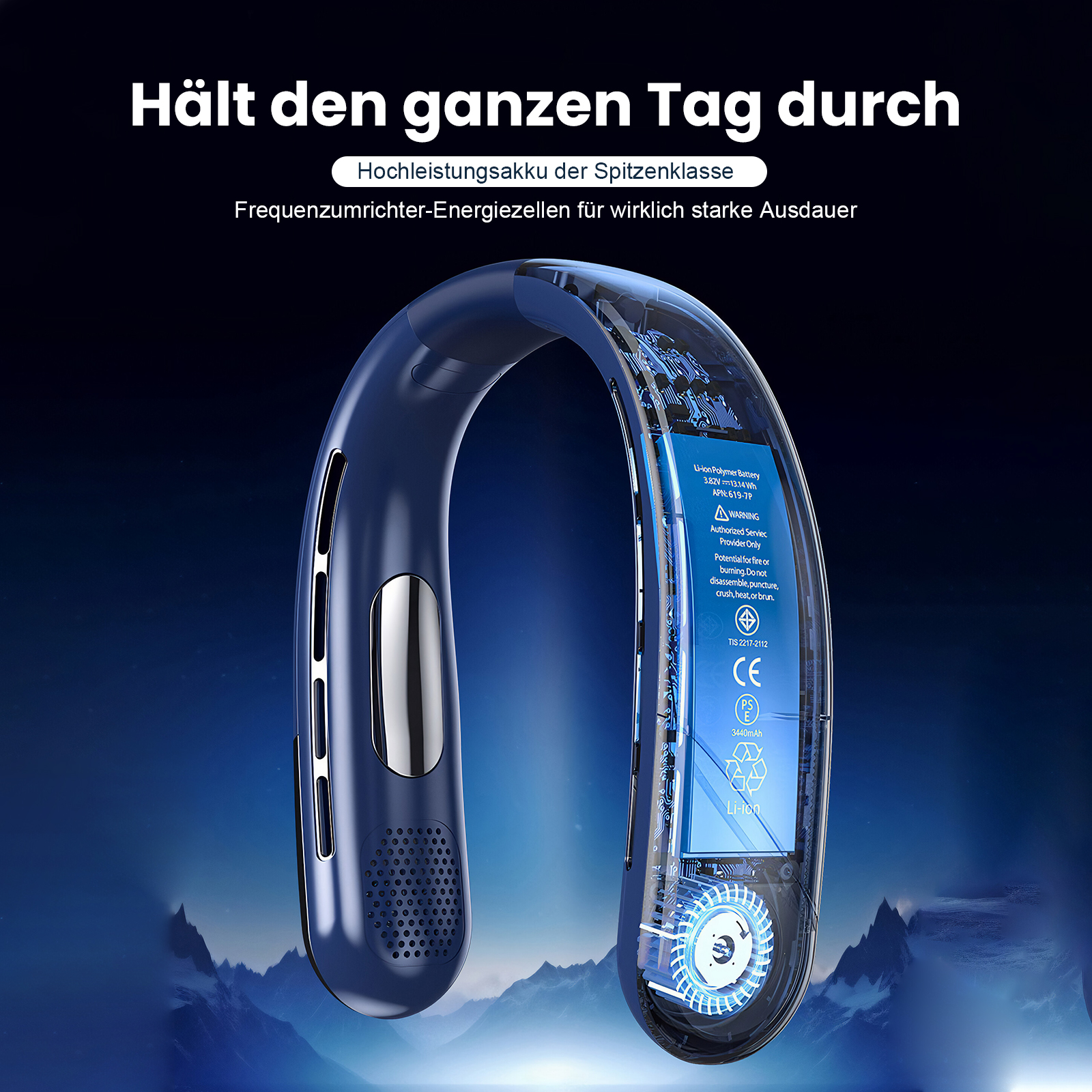 Ein blauer Nackenventilator mit transparenter Seite, die den Akku zeigt.
