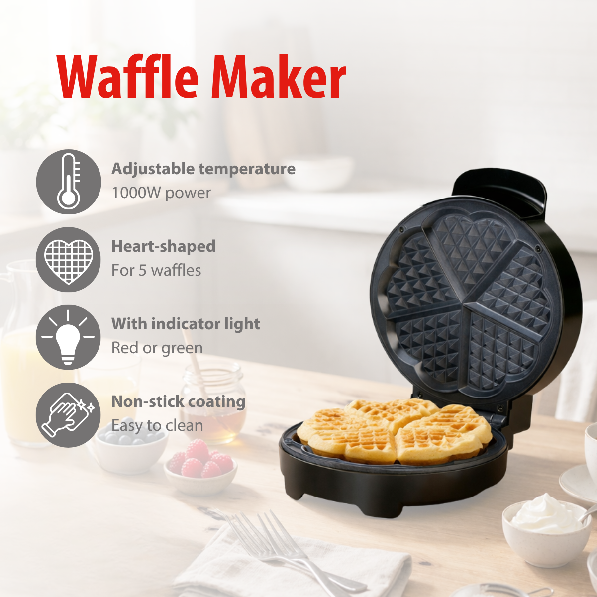 A black waffle maker with 3 waffles, berries and honey nearby.
