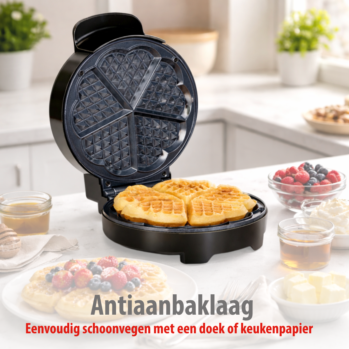 A waffle maker with finished waffles, berries, cream, and butter.