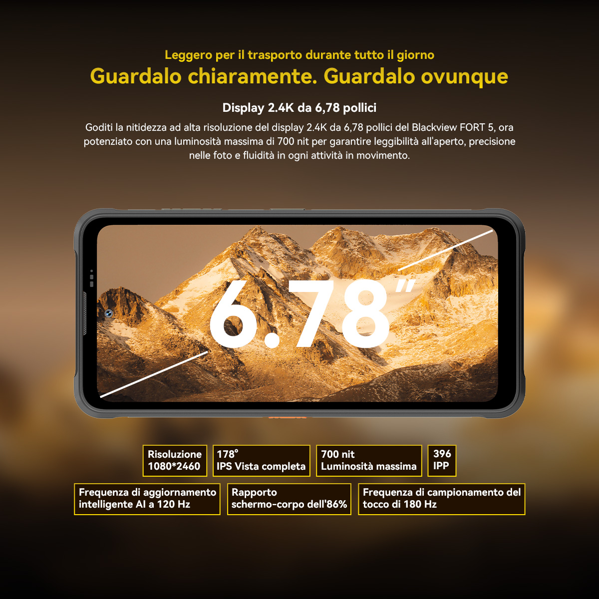 Uno smartphone con display da 6,78 pollici mostra un panorama montano. Le specifiche sono elencate sotto.