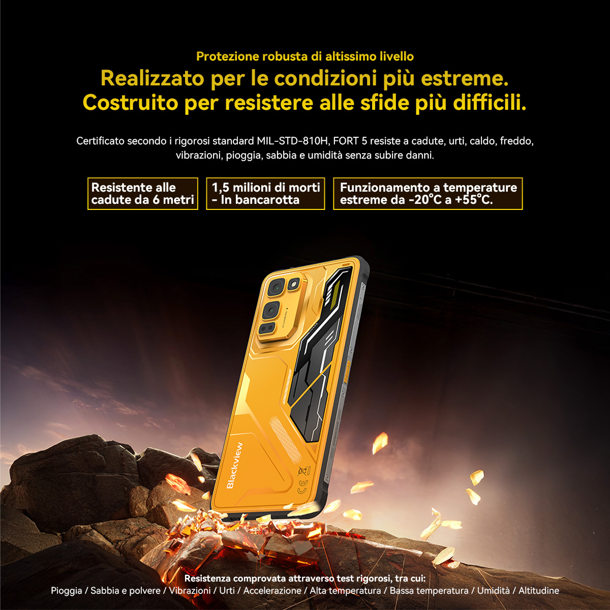 Uno smartphone giallo e robusto poggia su rocce. È certificato MIL-STD-810H.