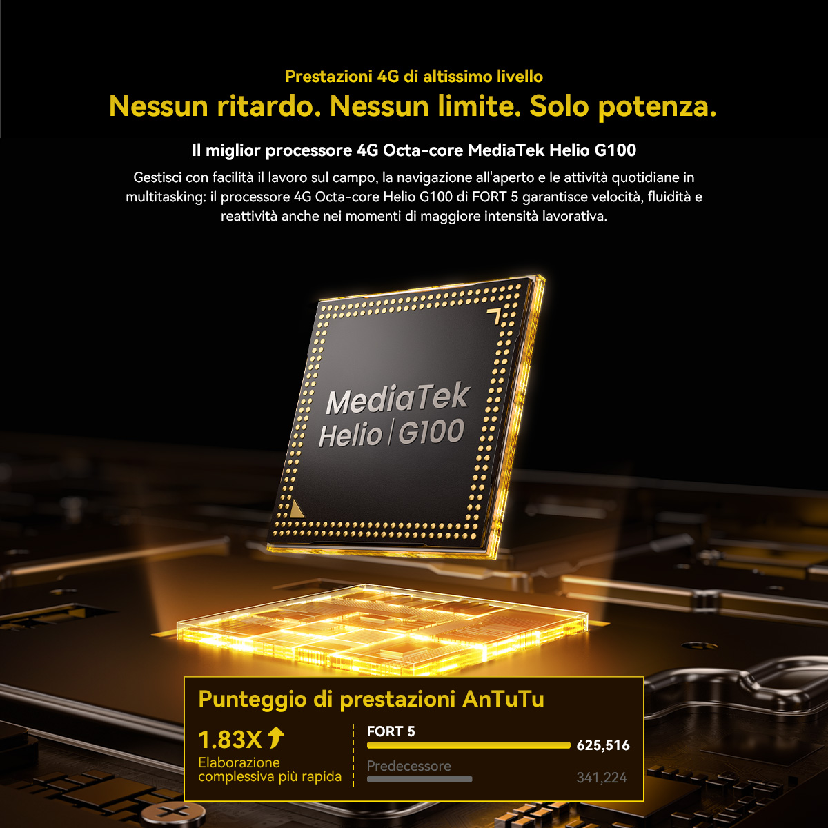 Primo piano di un processore MediaTek Helio G100 nero con luci gialle, punteggio AnTuTu.
