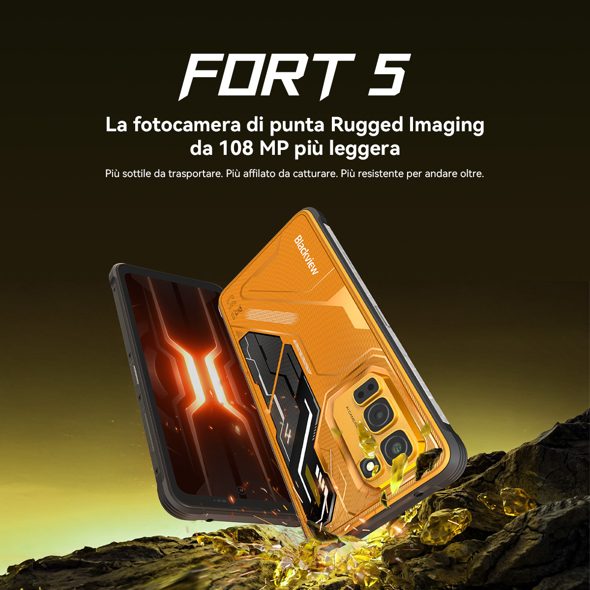 Due smartphone Blackview rugged, uno arancione, poggiati sulle rocce.