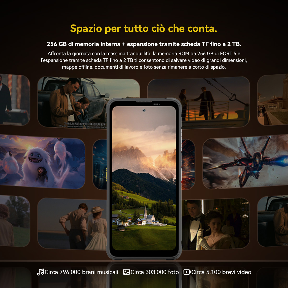 Uno smartphone mostra un paesaggio montano. Sono visibili diversi film e scene.
