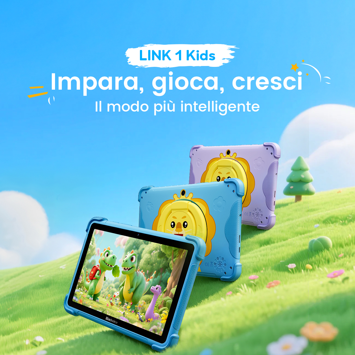 Tablet blu e viola su una collina verde, con dinosauri a cartoni animati sullo schermo.