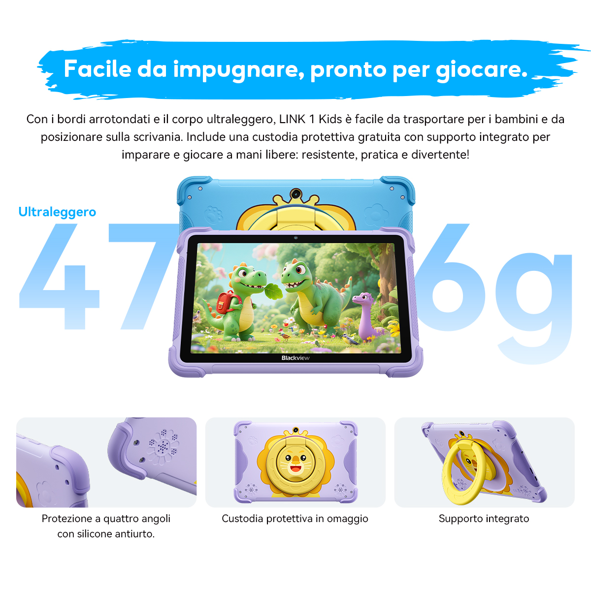 Un tablet per bambini blu con custodia viola mostra draghi. Pesa 476g.