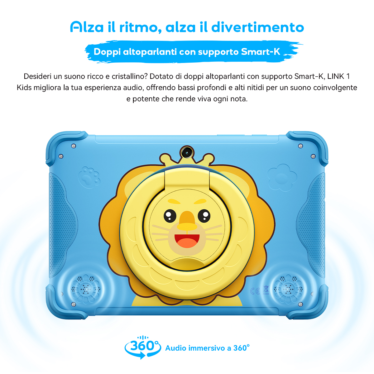 Un tablet blu per bambini con supporto leone e icona audio 360°.