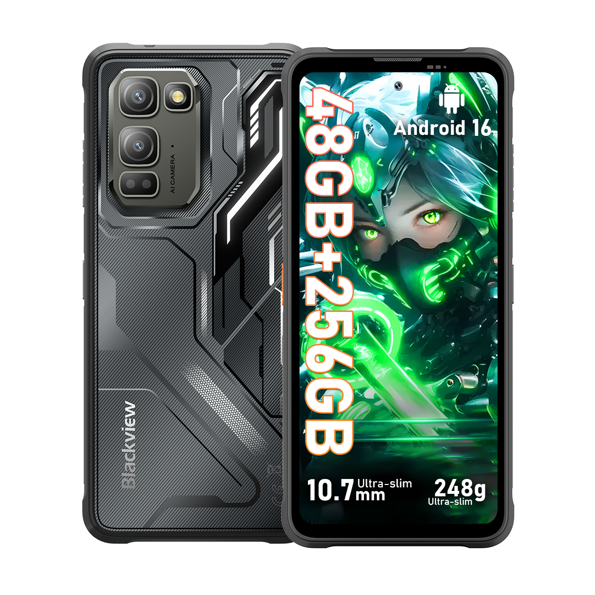 Uno smartphone nero con retro robusto e schermo vibrante.