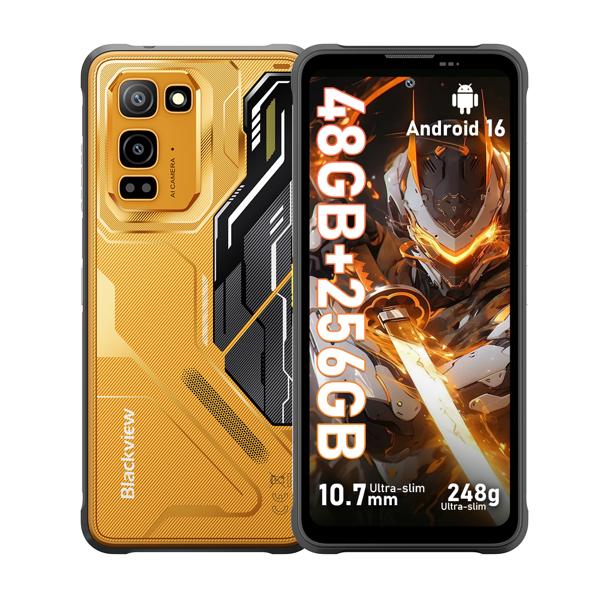 Telefono Blackview giallo con ampio schermo che mostra Android 16 e grafica da guerriero.