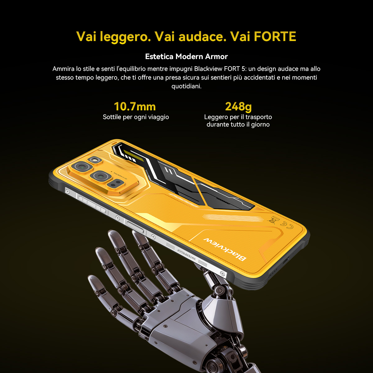 Un telefono giallo con tre fotocamere, tenuto da un braccio robotico. Spessore 10,7 mm, 248 g.
