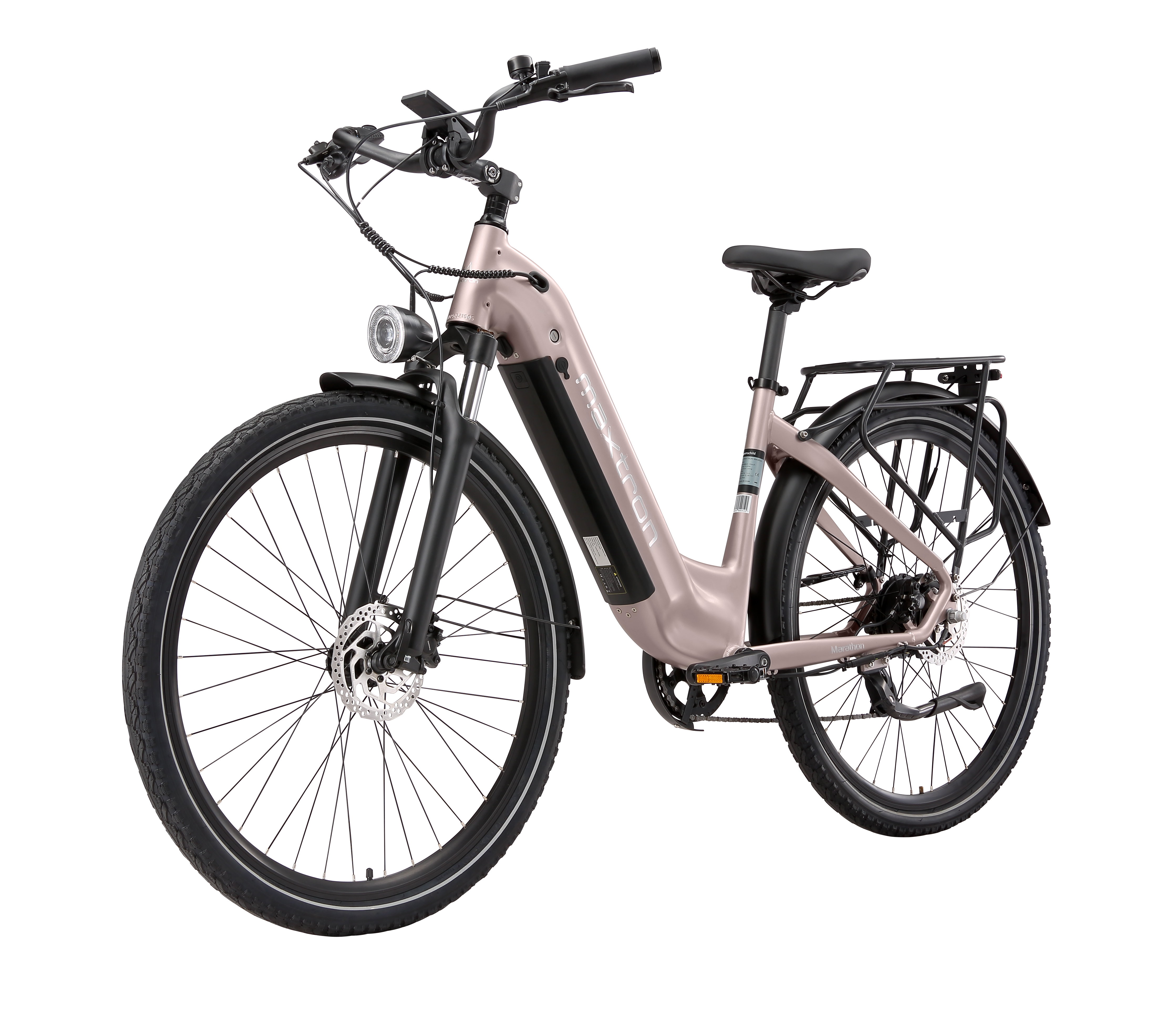 Ein roségoldenes E-Bike mit schwarzen Reifen, Gepäckträger und Scheinwerfer.