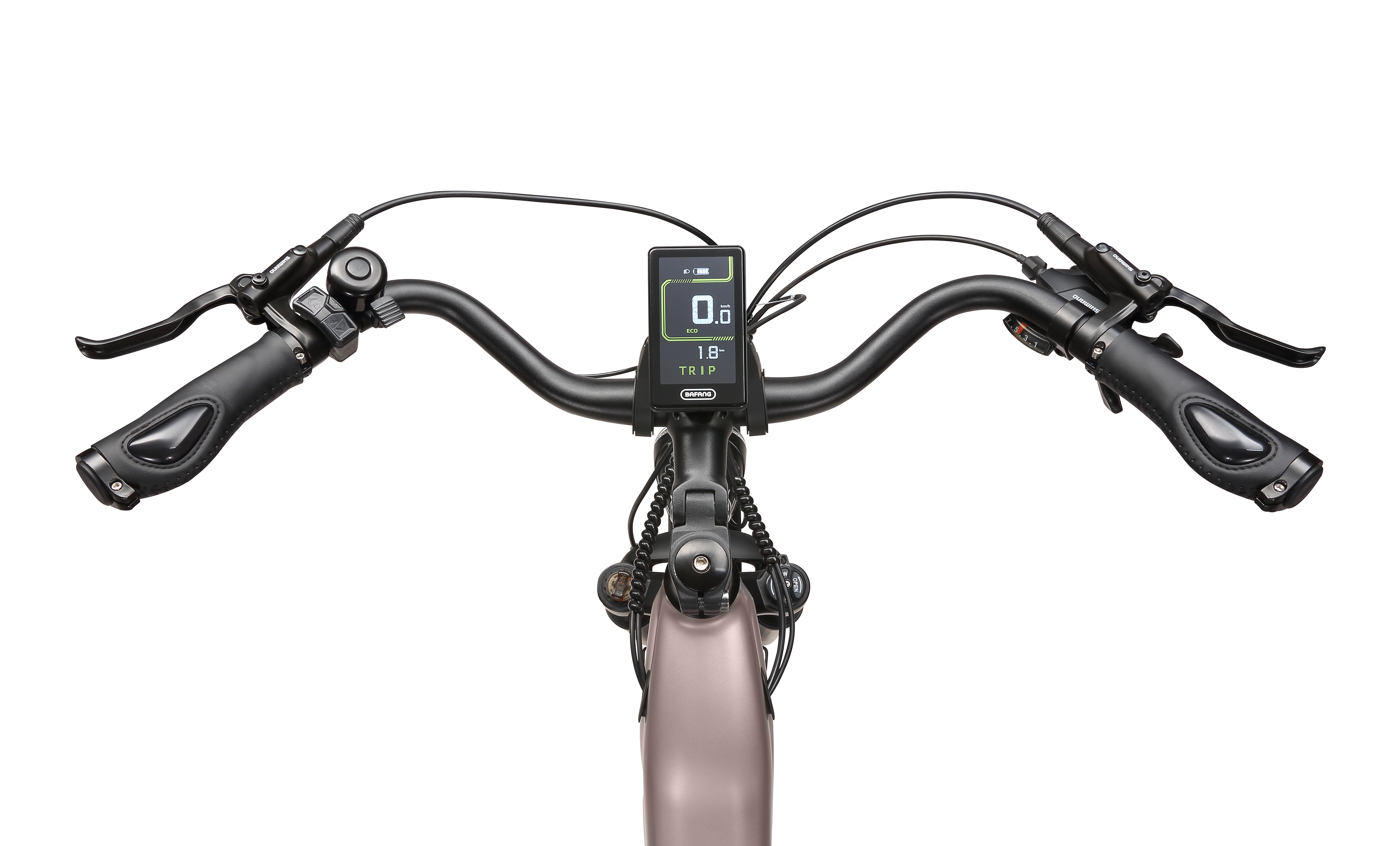 Lenker eines E-Bikes mit Display, Griffen, Bremsen und Klingel.