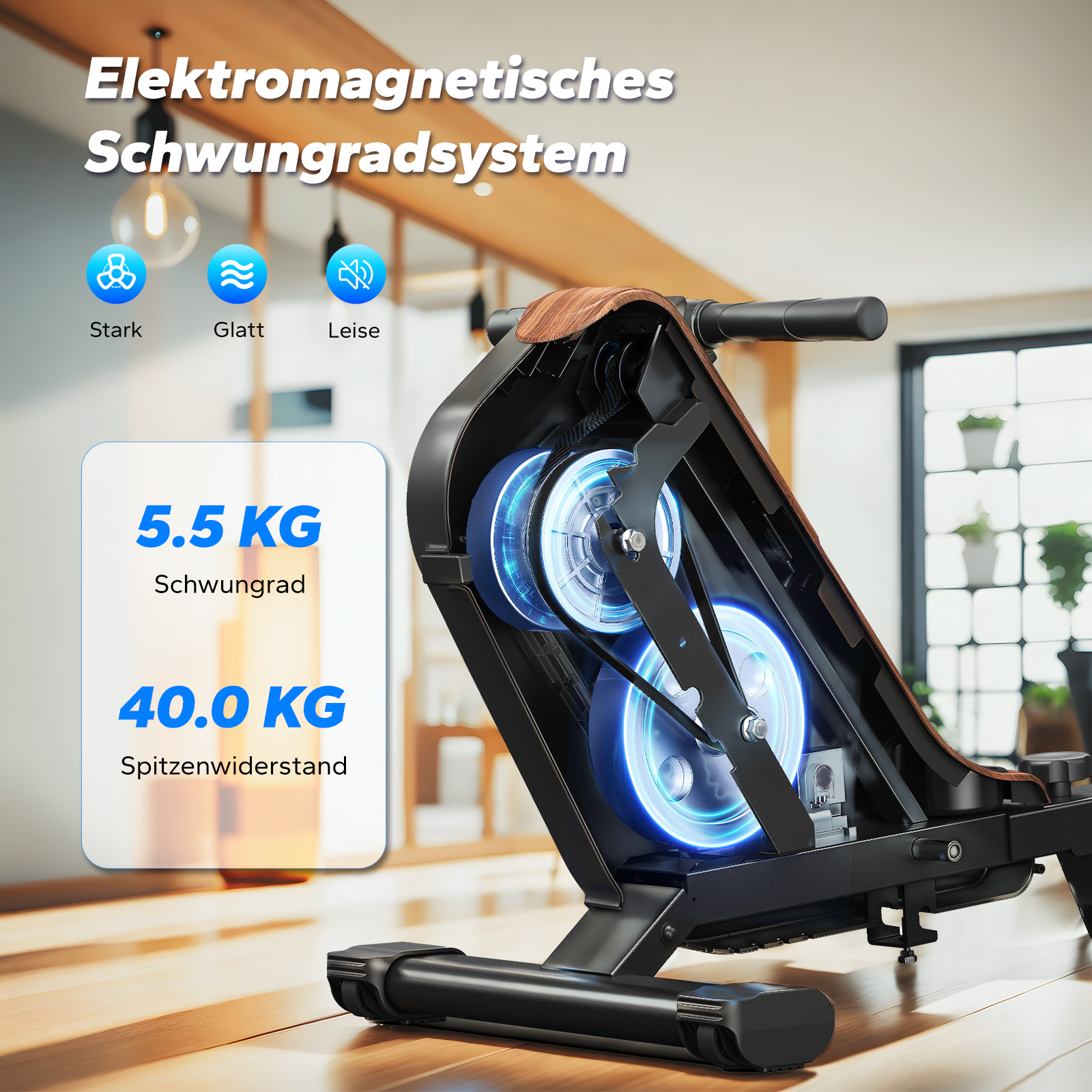 Heimtrainer mit 5,5 kg Schwungrad und 40 kg Spitzenwiderstand.