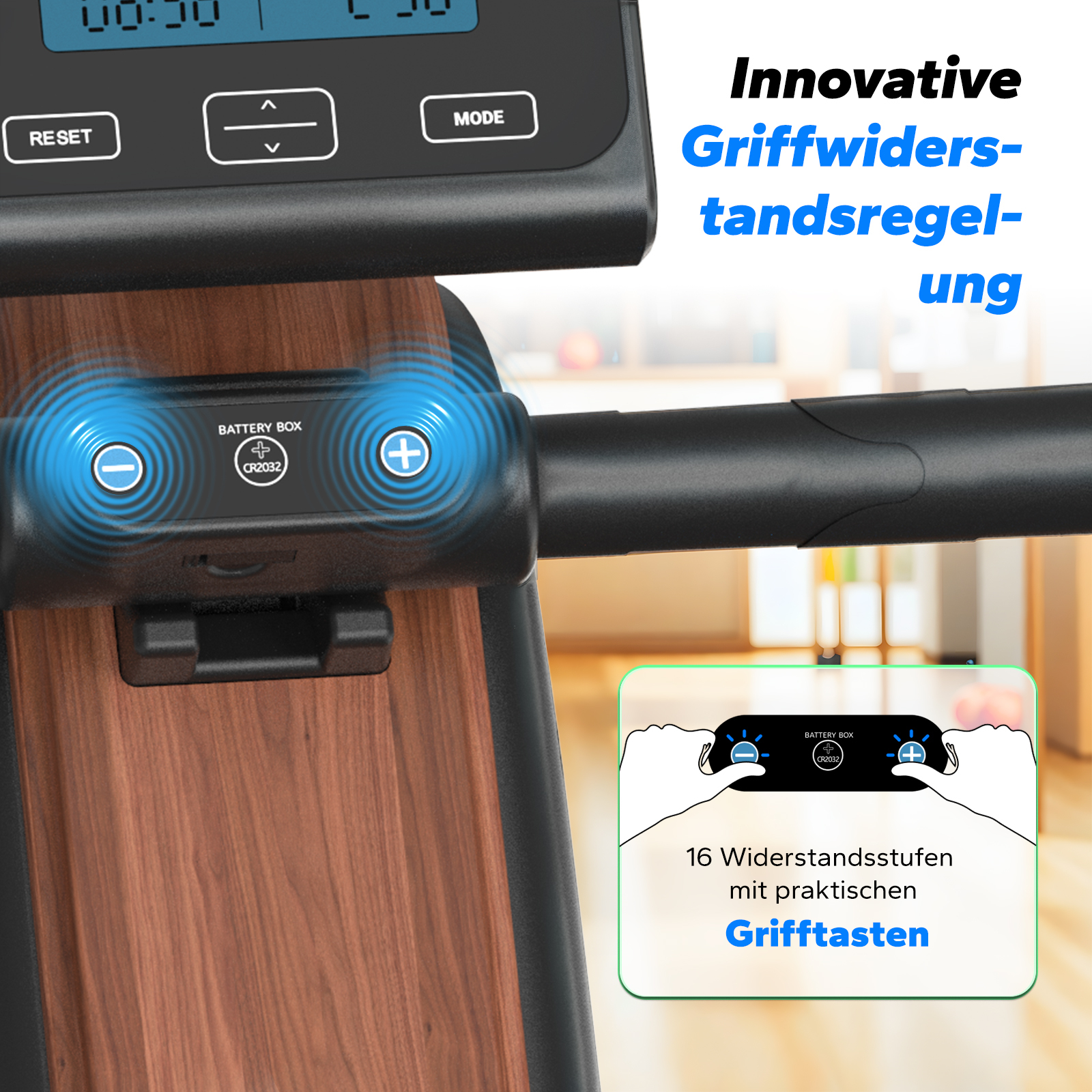 Bedienfeld eines Fitnessgeräts mit Tasten für Reset, Modus und Batteriefach.