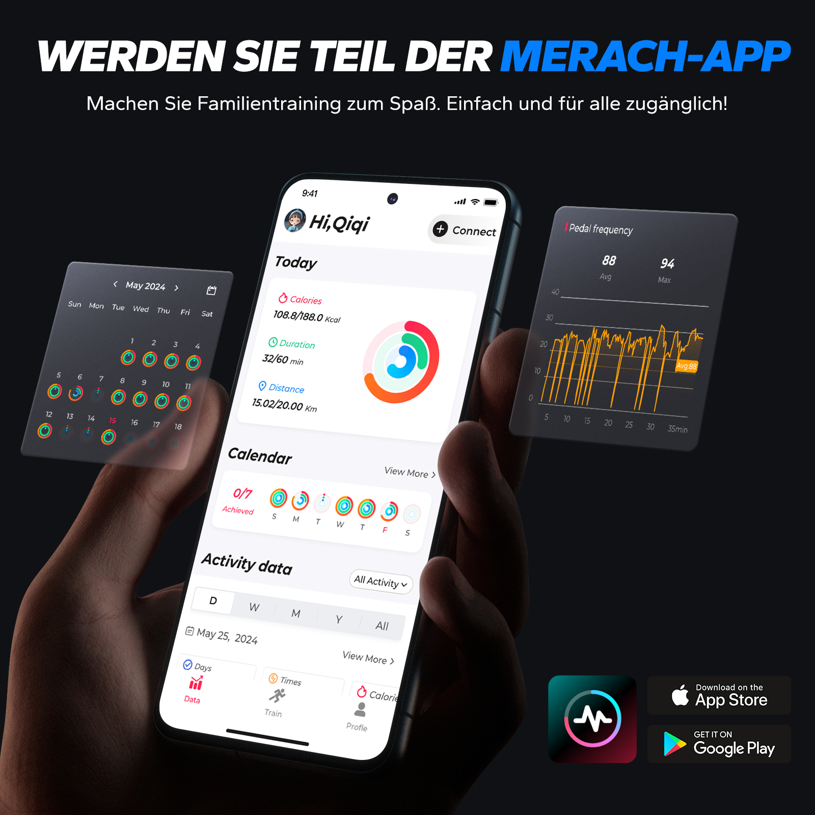Hand hält Smartphones mit Fitness-App-Daten: Kalorien, Distanz, Kalender & Pedal-Frequenz-Diagramm.