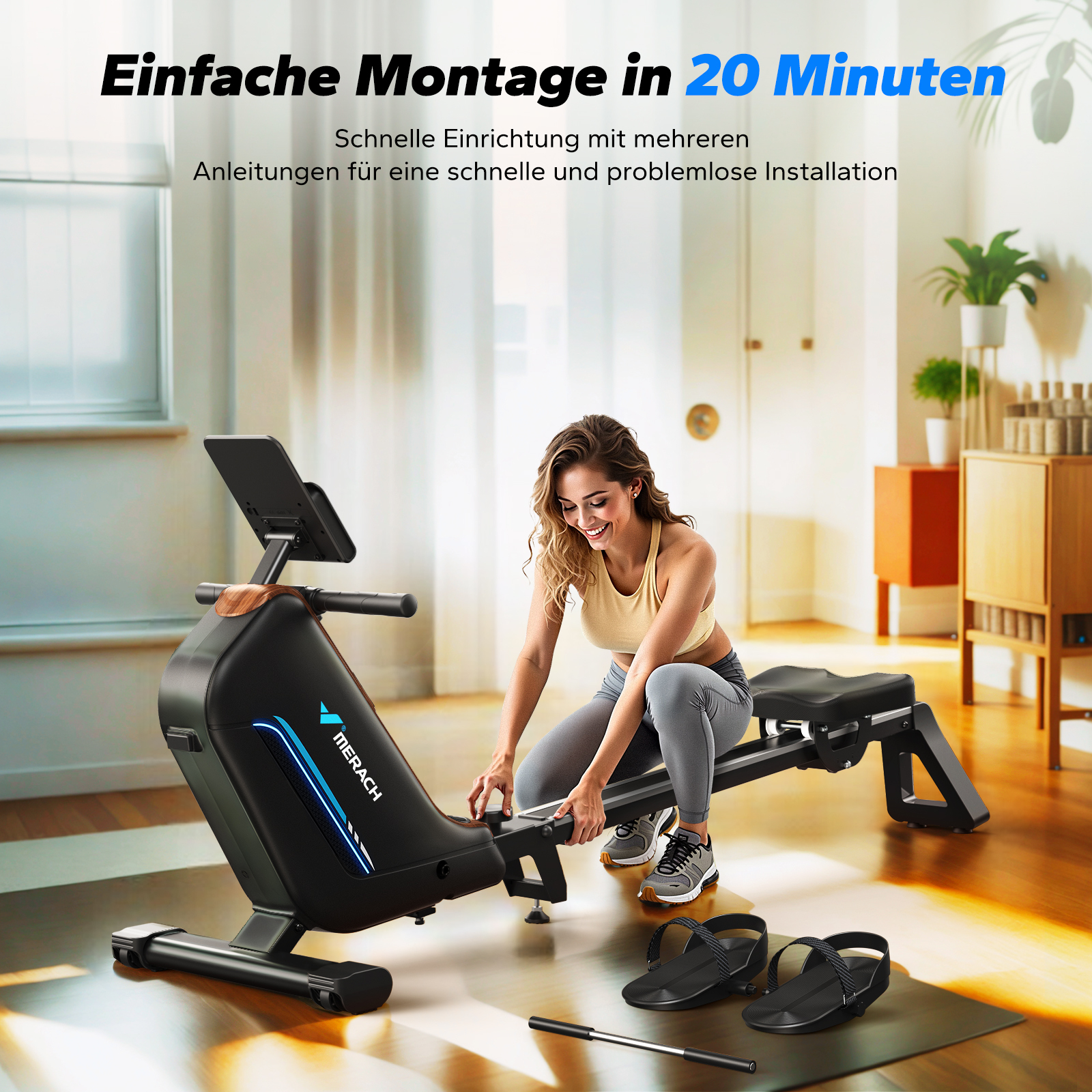 Eine Frau baut einen schwarzen Ruderergometer zusammen. Montage in 20 Minuten.