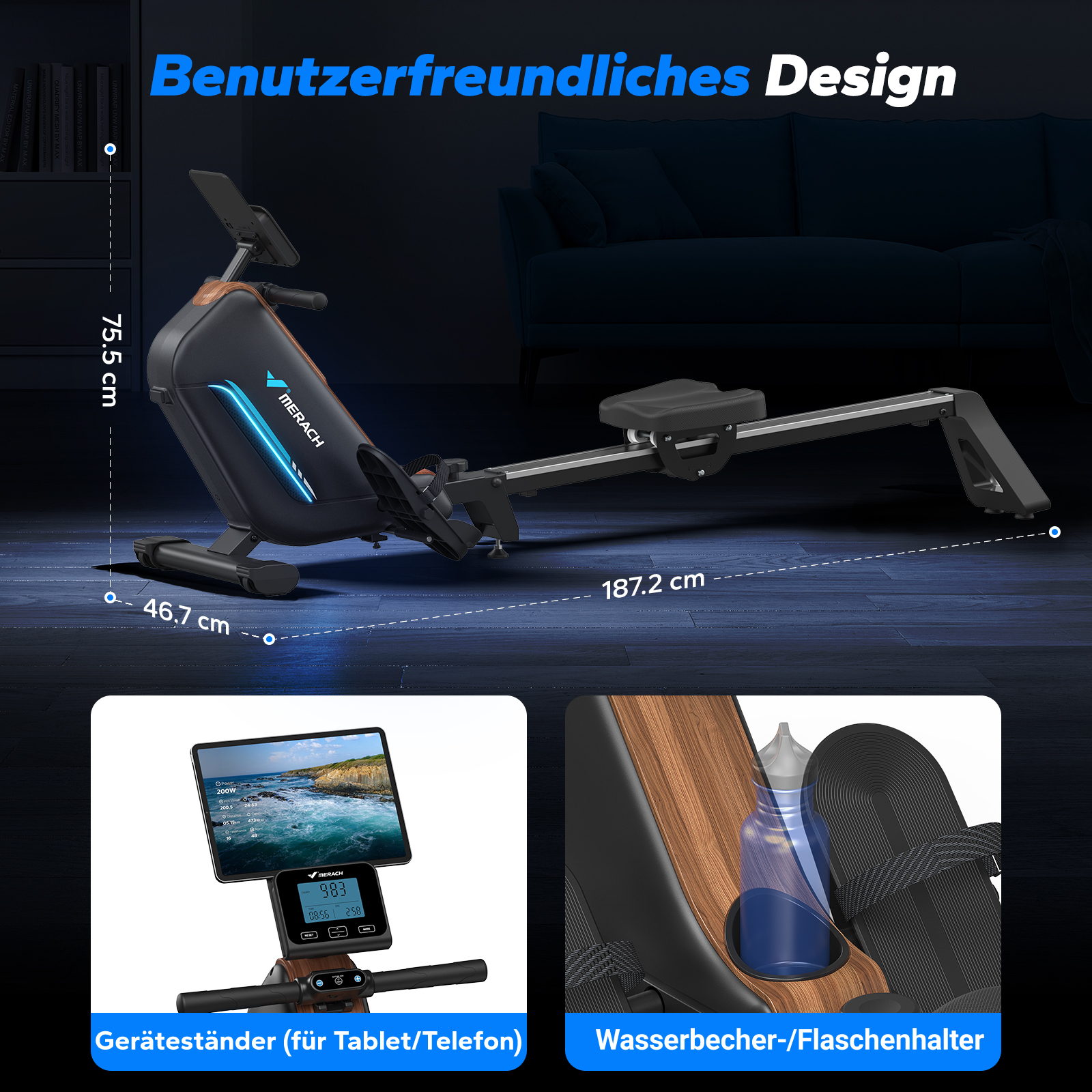 Ein schwarzer Ruderergometer mit blauen Akzenten und Maßen. Unten: Tablet-Halter und Flaschenhalter.