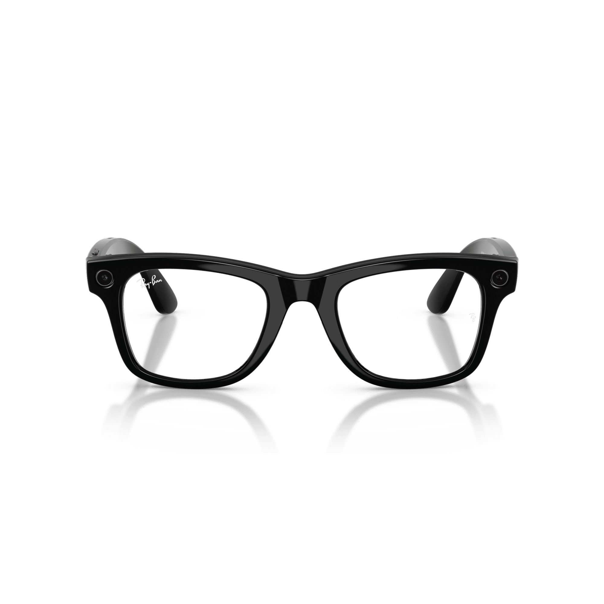 Occhiali neri con logo Ray-Ban e fotocamere sulle stanghette.