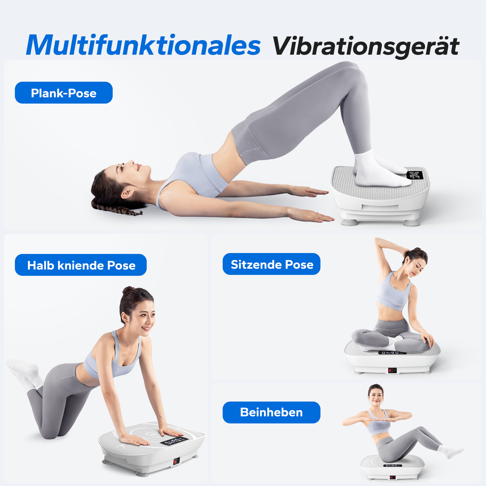 Frau macht Plank-Pose, halb kniend, sitzend und Beinheben auf Vibrationsgerät.