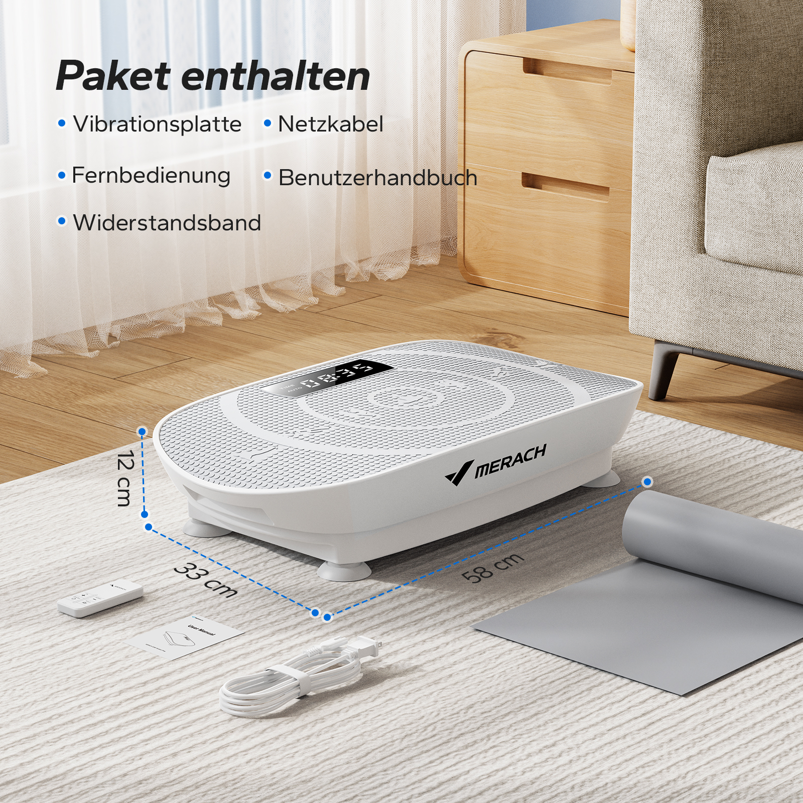 Vibrationsplatte mit Fernbedienung, Kabel, Handbuch auf Teppich.
