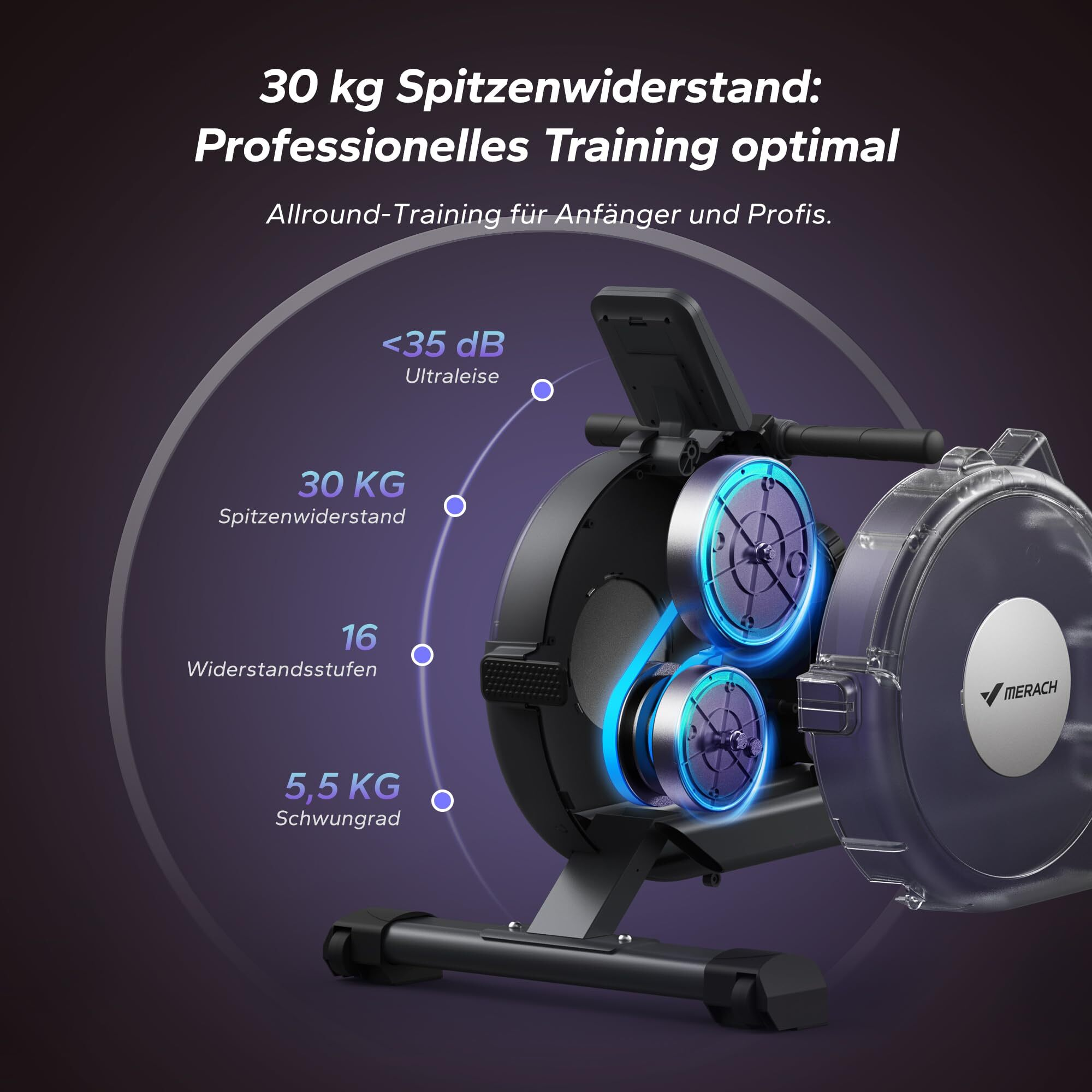 Ein schwarzer Heimtrainer mit blau beleuchteten Schwungrädern und Spezifikationen.
