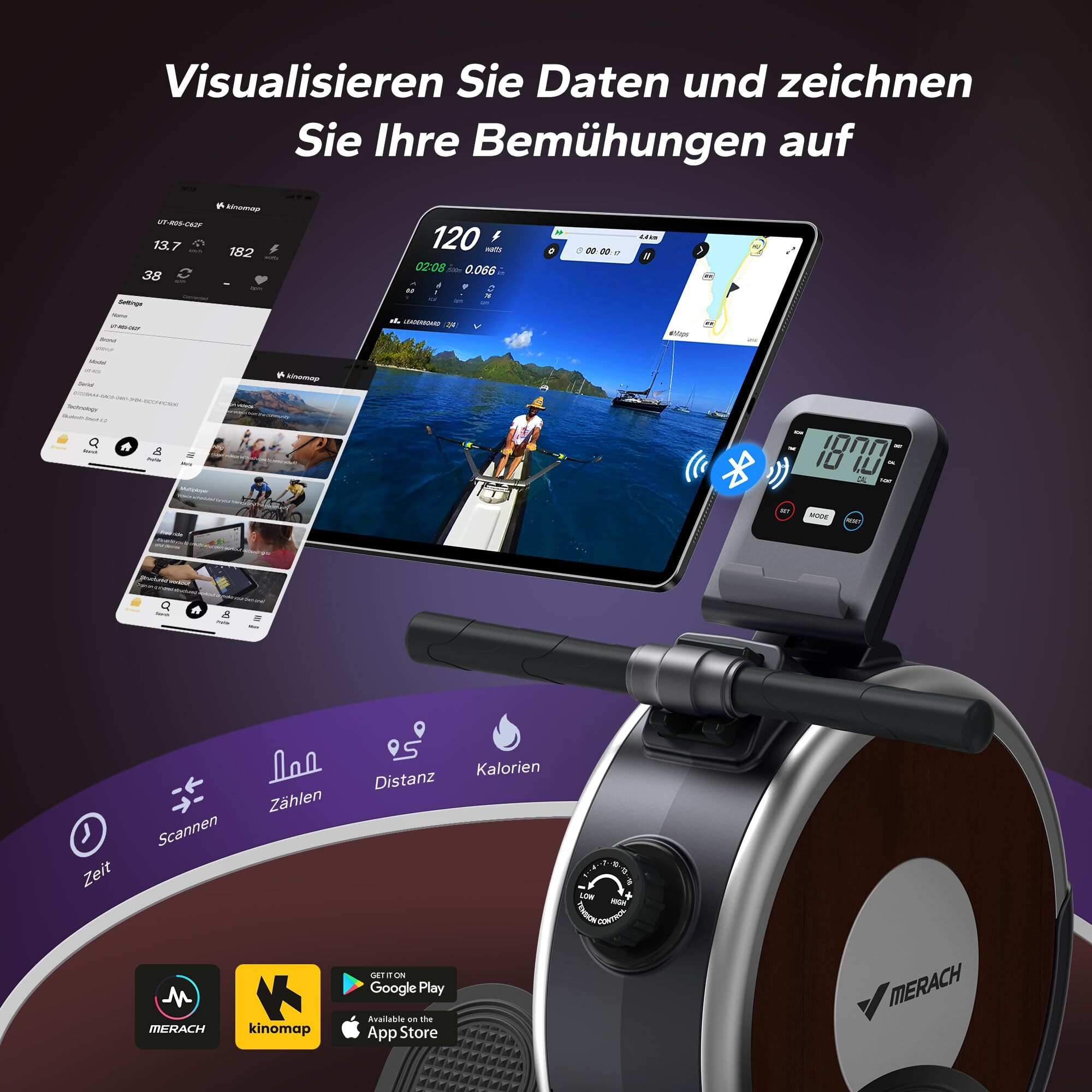 Rudergerät mit Tablet, das Video zeigt. Anzeige zeigt Daten an.