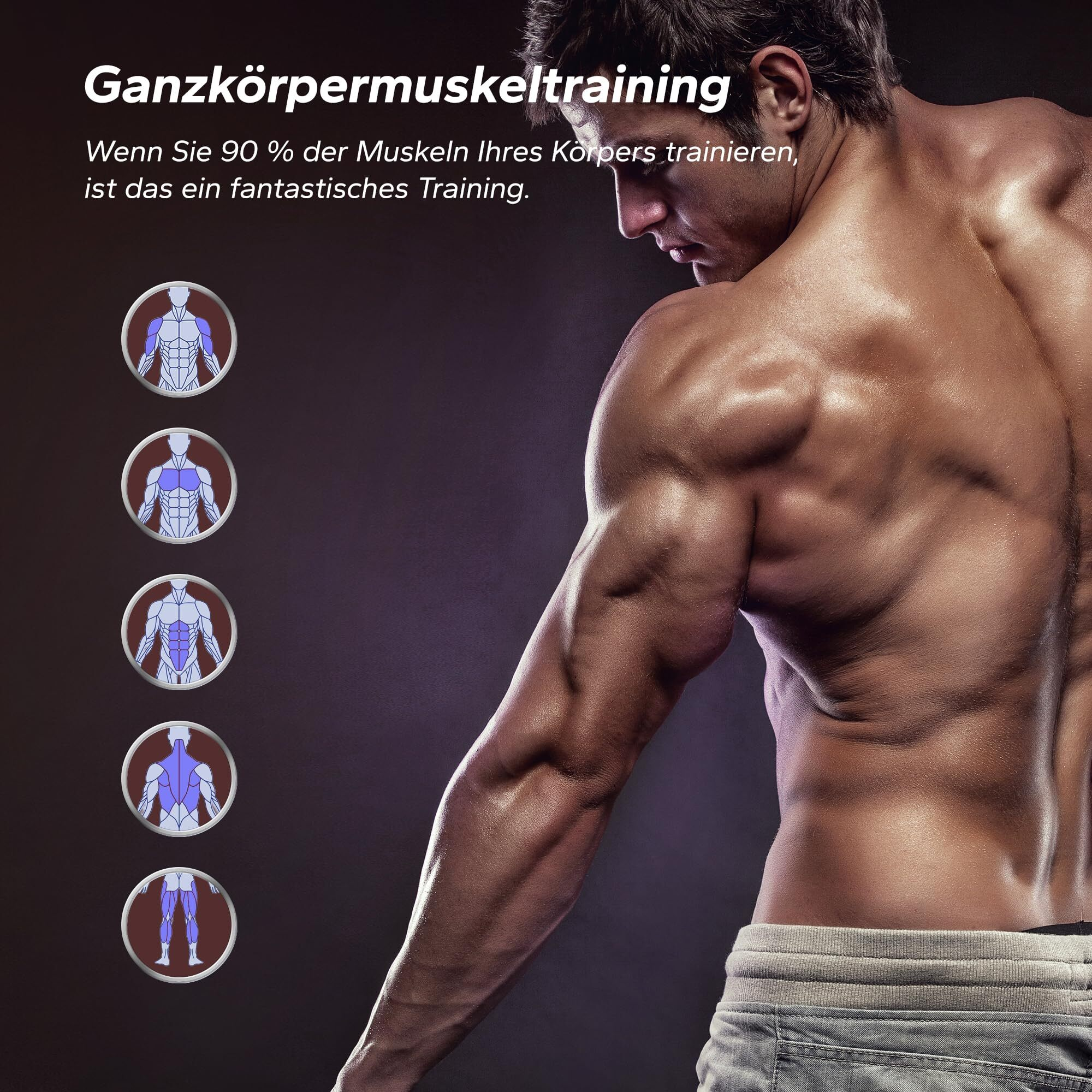 Muskulöser Mann mit Ganzkörper-Muskeldiagrammen, dunkler Hintergrund.