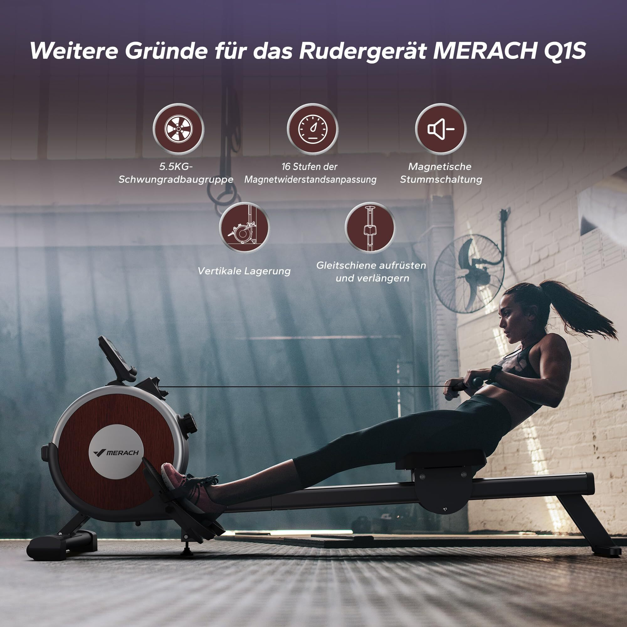 Frau rudert auf einem MERACH Q1S Gerät mit 5,5kg Schwungrad. Anzeige für 16 Widerstandsstufen.