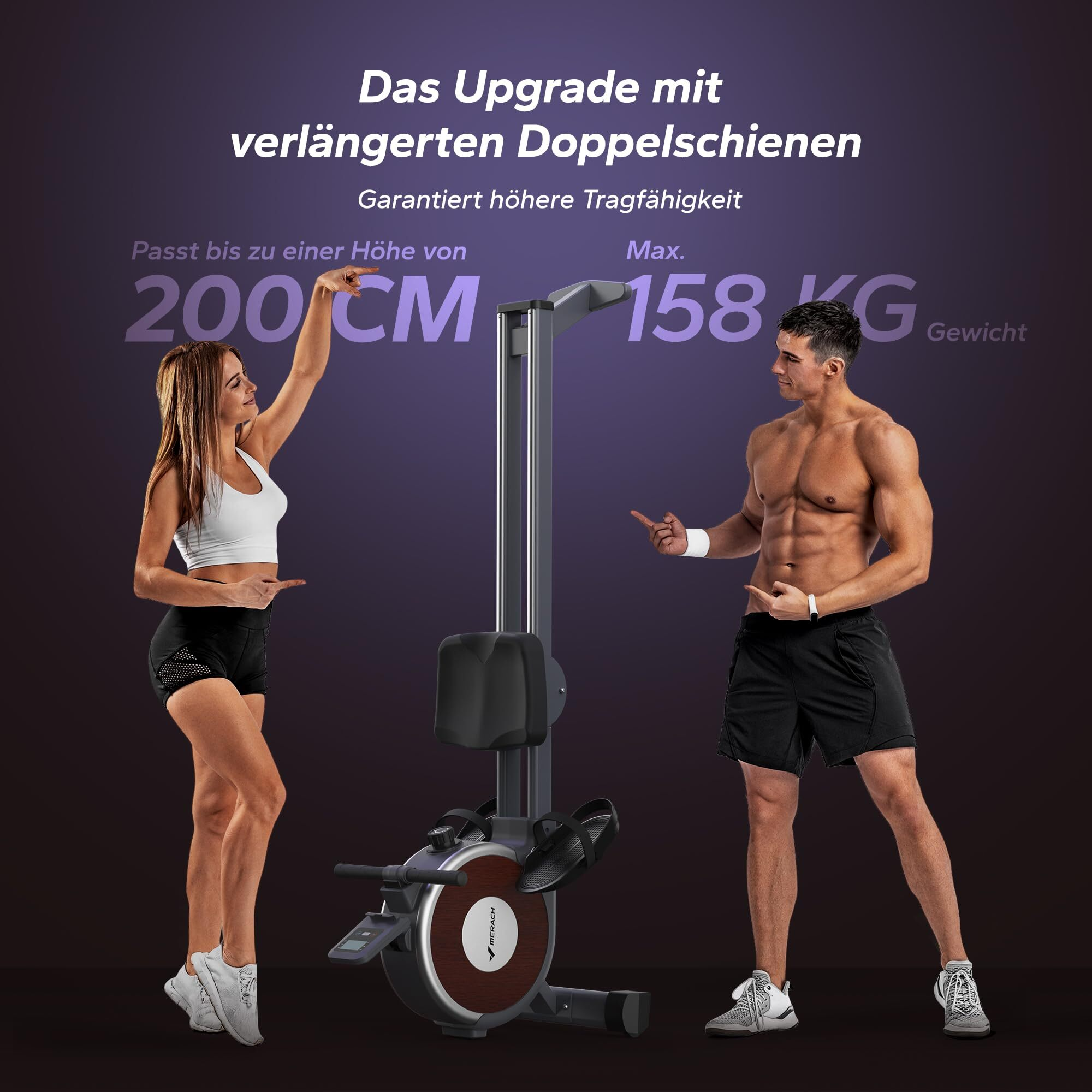 Ein Mann und eine Frau stehen neben einem Rudergerät. Max. Belastbarkeit 158kg.