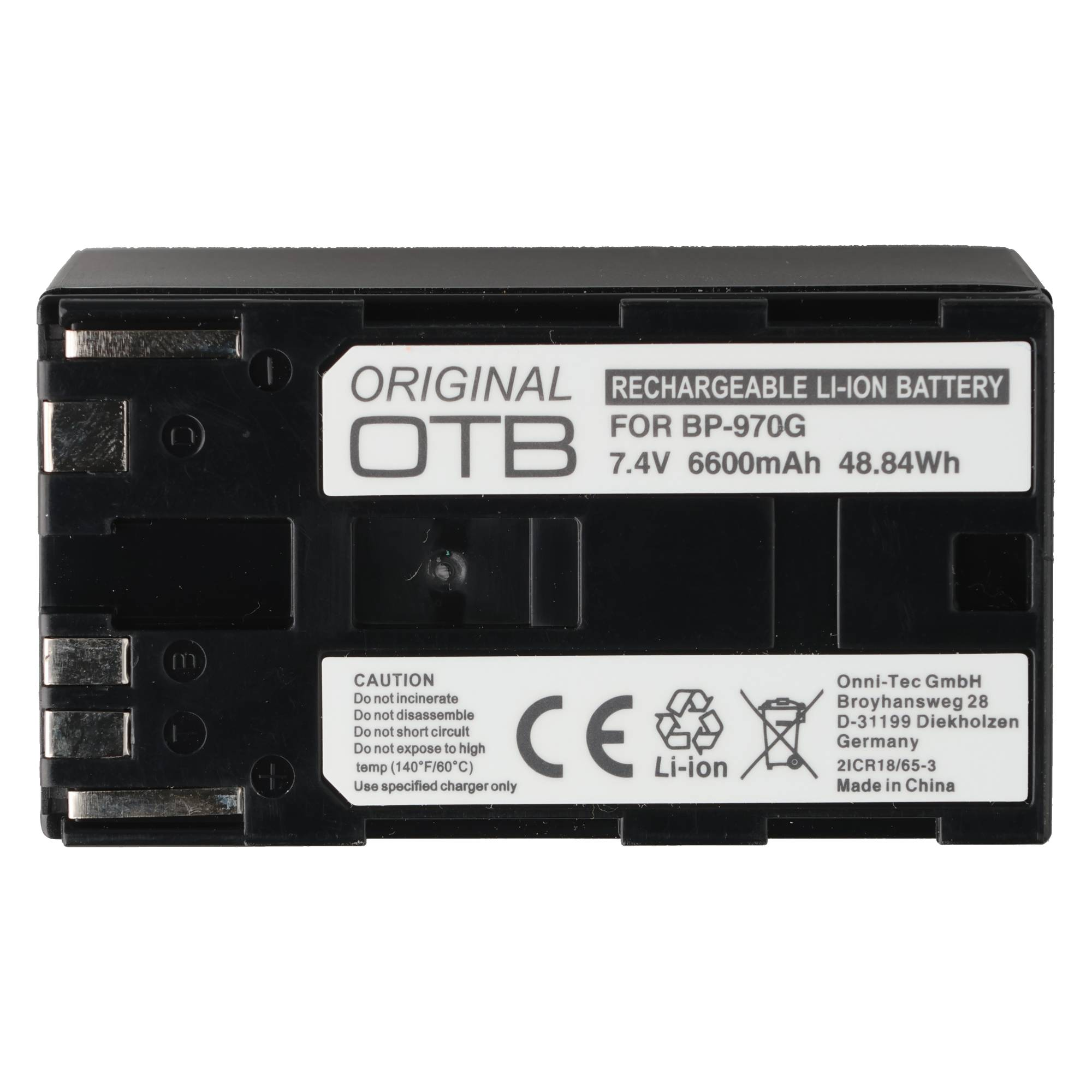 OTB OTB BP-970G 7.4V 6600mAh Li-Ion Akku mit CE-Kennzeichnung und Warnhinweisen.