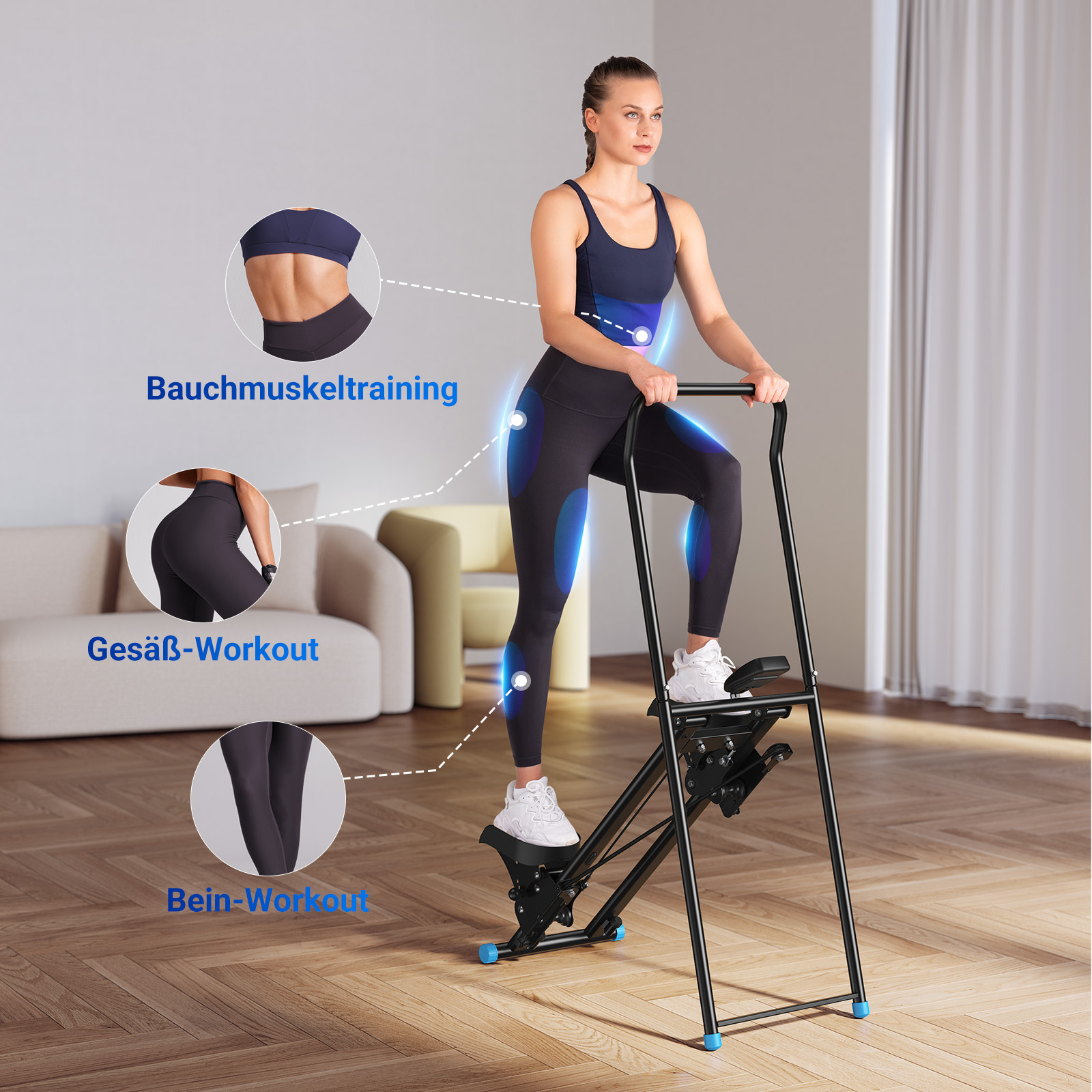 Frau trainiert auf einem Stepper im Wohnzimmer, mit Markierungen für Bauch-, Gesäß- und Beintraining.