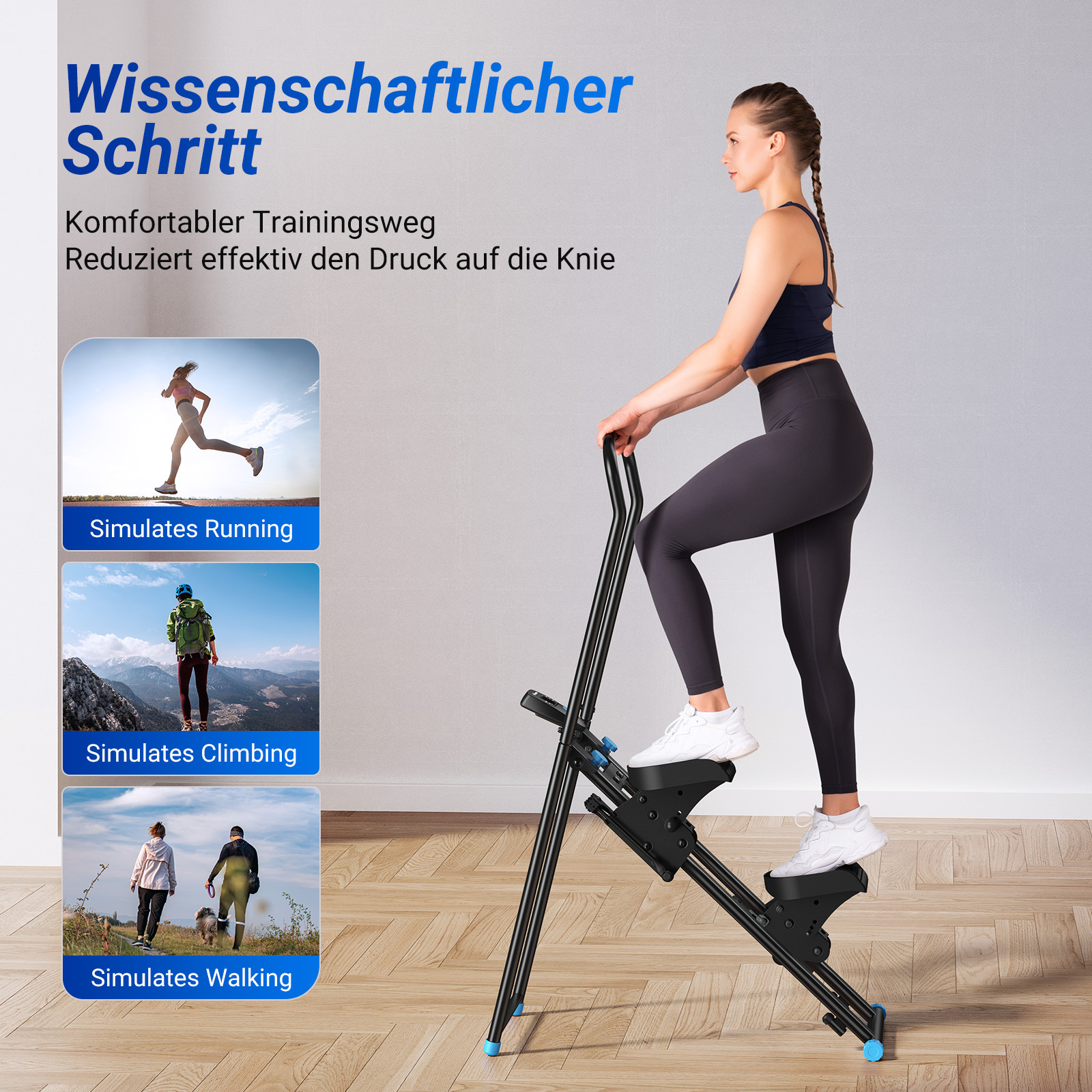 Frau trainiert auf einem Stepper, der Laufen, Klettern und Gehen simuliert.