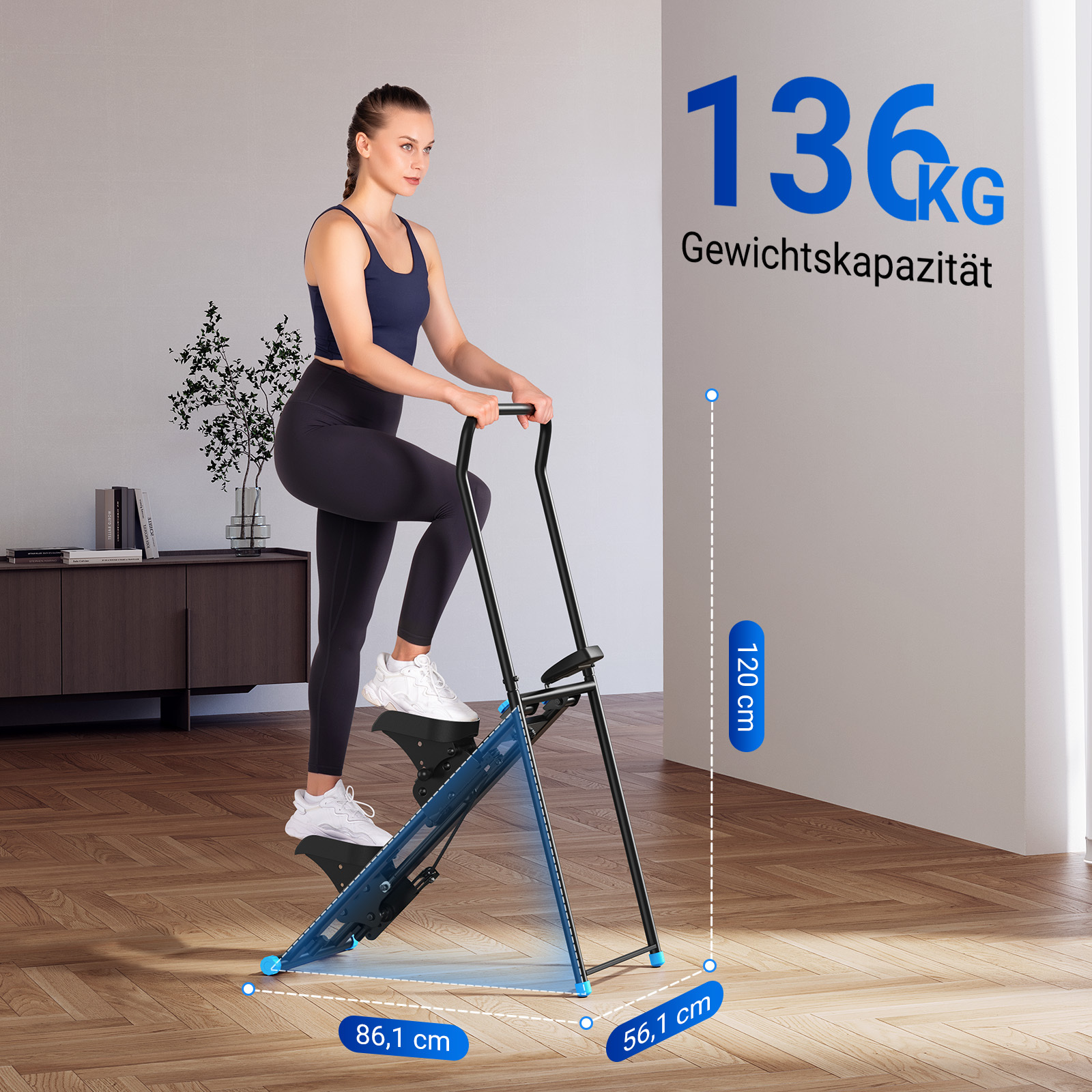 Frau auf einem Heimtrainer, der einen Stepper simuliert. Maße: 86,1cm, 56,1cm, 120cm.