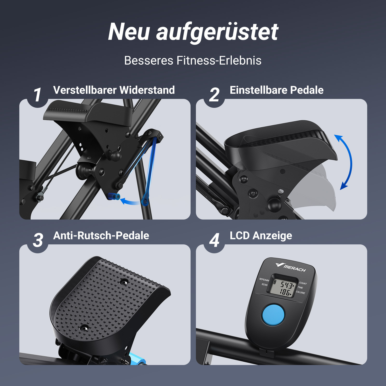 Vier Bilder zeigen Details eines Fitnessgeräts: Widerstand, Pedale, Anti-Rutsch-Pedale und LCD.