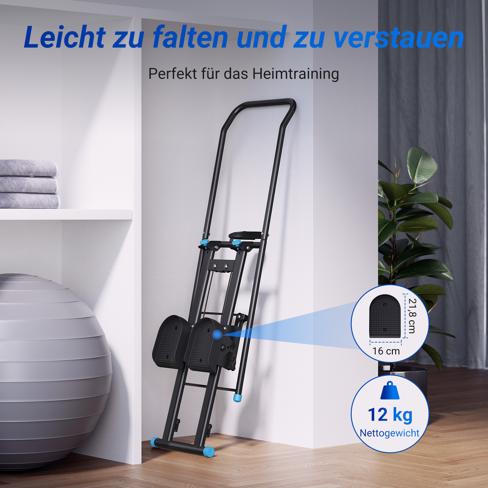 Schwarzer Stepper im Raum mit Ball, Handtüchern und Pflanze. Maße angegeben.